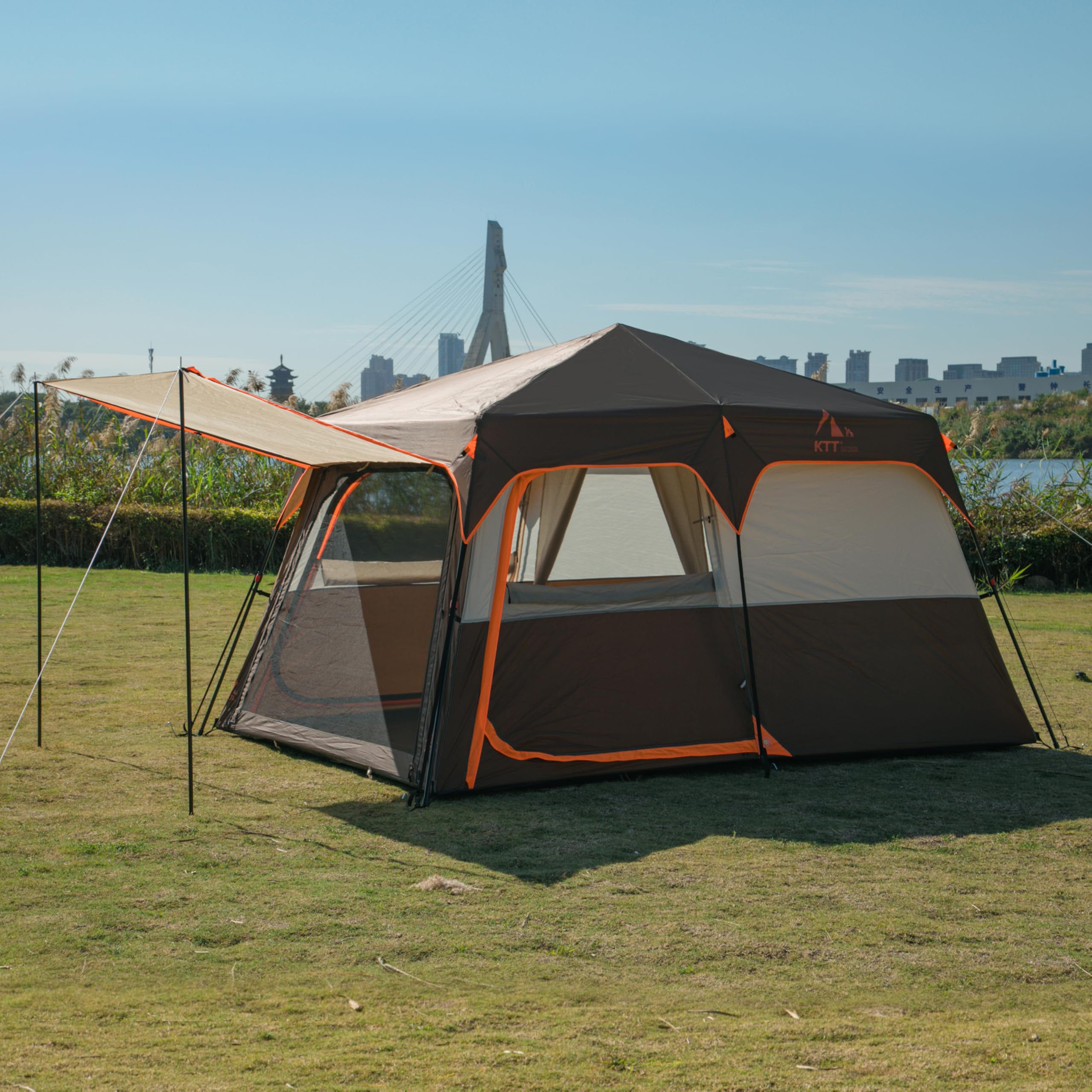KTT Large 6-8 Person Family Cabin Tent with Straight Wall Design - 3 Doors & 3 Mesh Windows, Waterproof Outdoor Camping Tent for Picnics, Family Gatherings, and Backpacking Adventures | Perfect for Campgrounds, Beach Trips, and Backyard Campouts