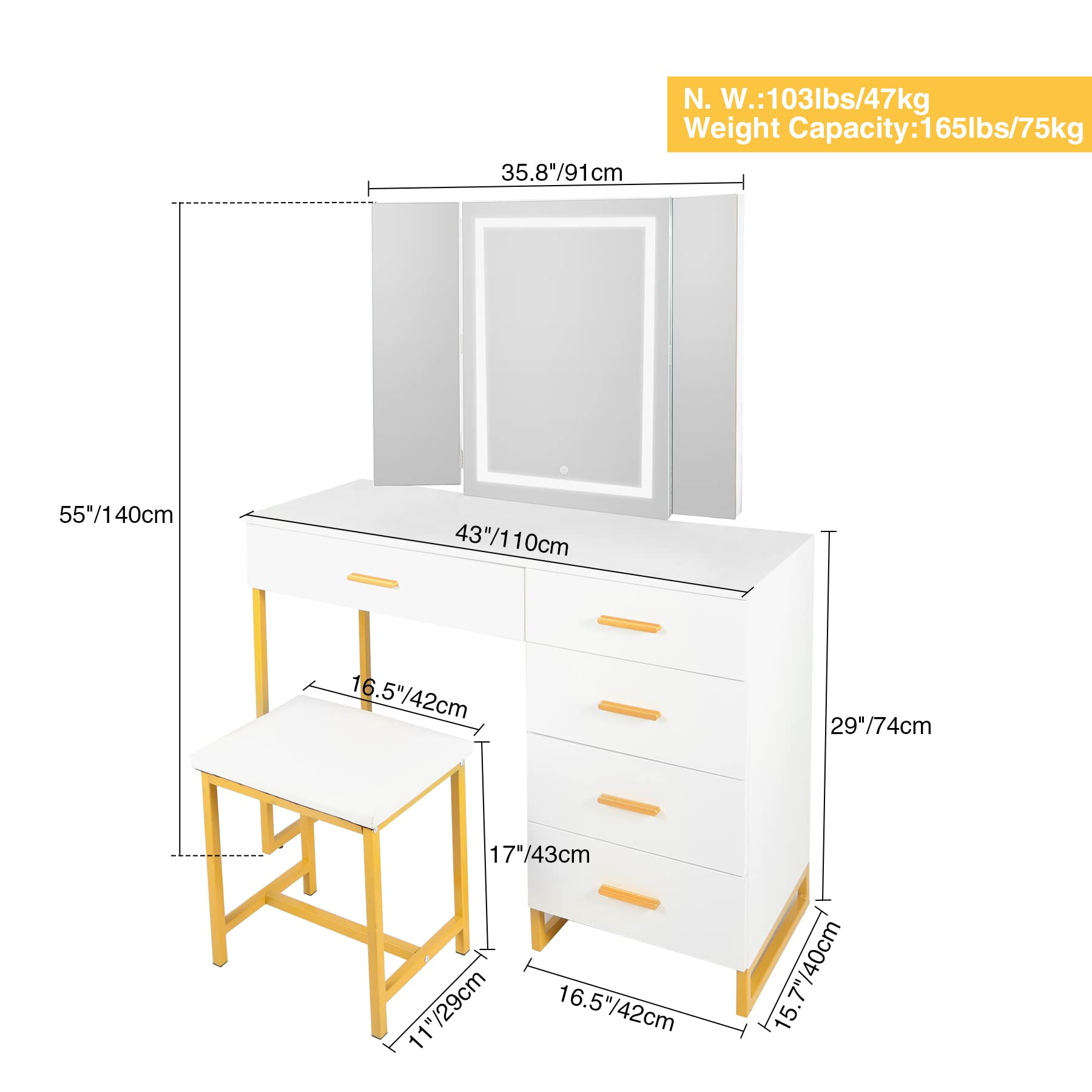 43'' Gold and White Makeup Vanity Table Set with 3 Mirrors & LED Lights, Vanity Desk with Cushioned Stool & 5 Drawers, Storage Shelves for Bedroom - Perfect for Dressing Room, Beauty Salon & Home Decor