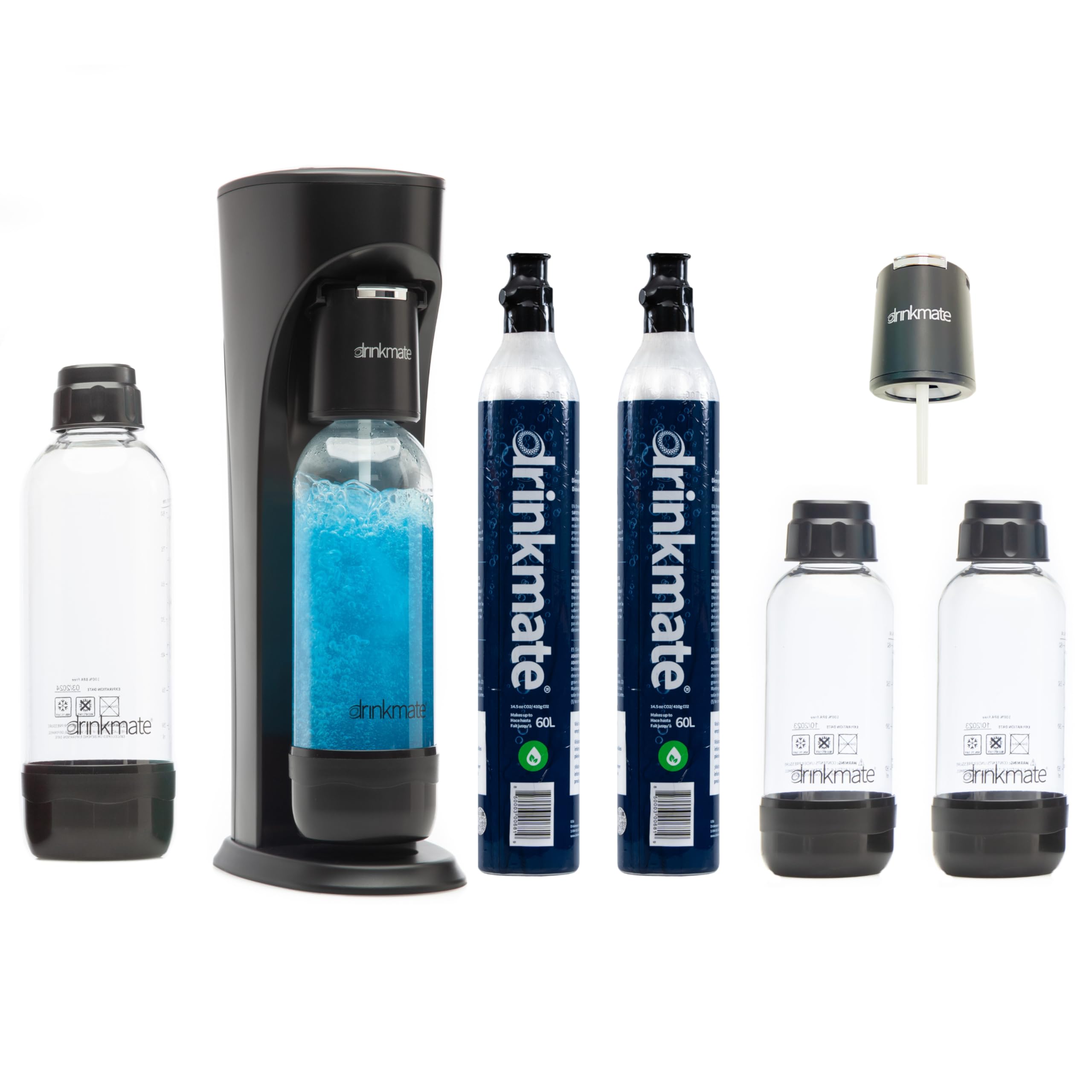 Drinkmate OmniFizz Sparkling Water and Soda Maker - Carbonate Any Beverage with Party Pack (Includes 2x60L CO2 Cylinders, 3 Carbonation Bottles & 2 Fizz Infusers) | Matte Black | Perfect for Home Bars, Parties & Healthy Hydration