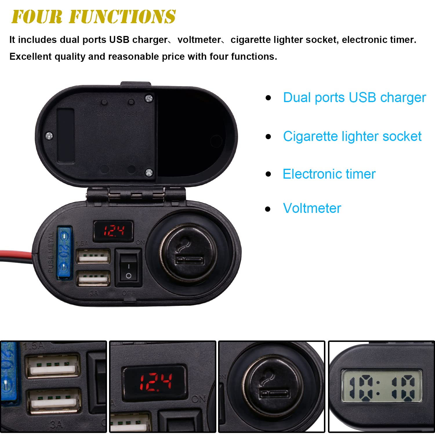 5V/3A Dual USB Charger Socket - Waterproof Motorcycle Handlebar & Rear View Mirror Mount - Cigarette Lighter Power Adapter with Voltmeter - Compatible with Phones, Tablets, GPS (Black) - Perfect for Long Rides & Outdoor Adventures