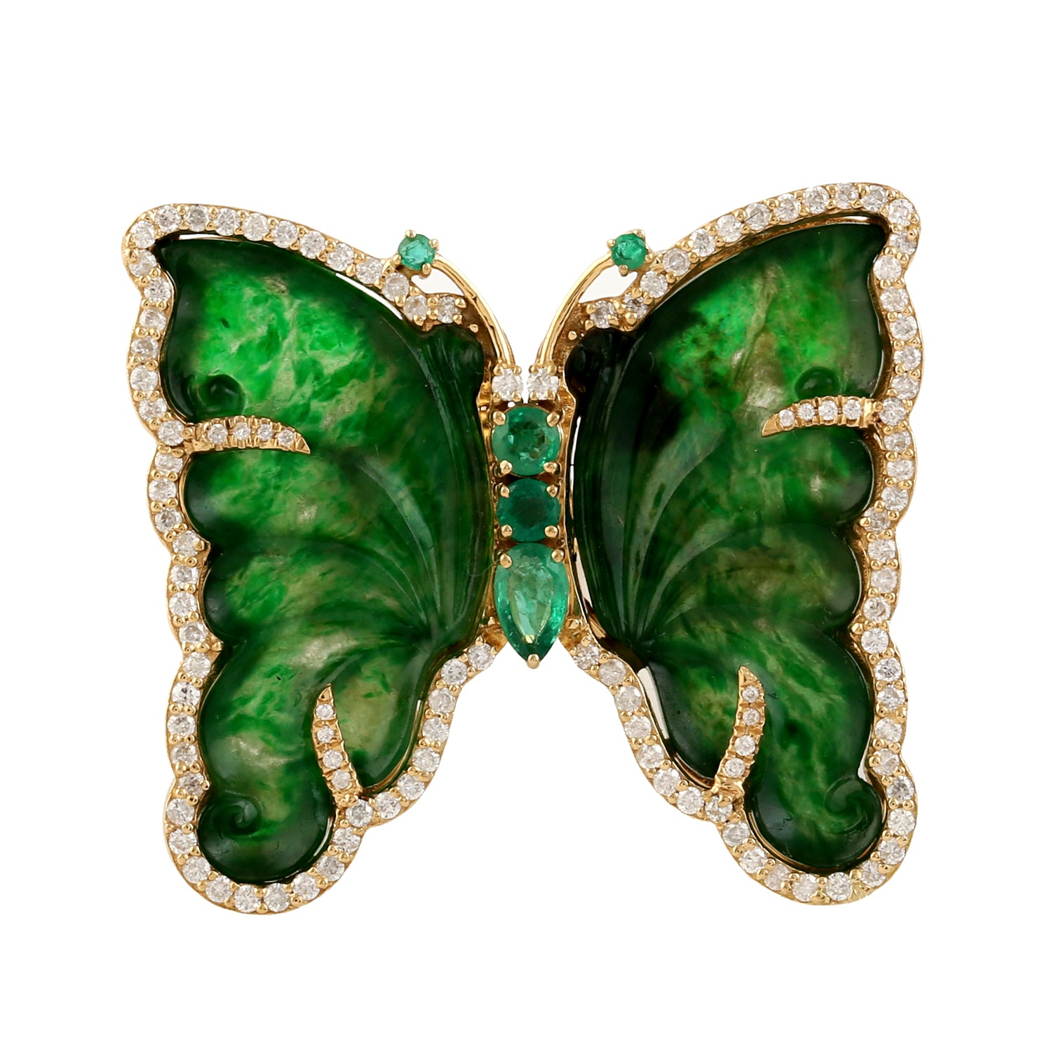 18K Yellow Gold Carved Jade Emerald Gemstone Pave Diamond Butterfly Ring for Women - Elegant Jewelry Gift for Anniversary, Birthday & Special Occasions