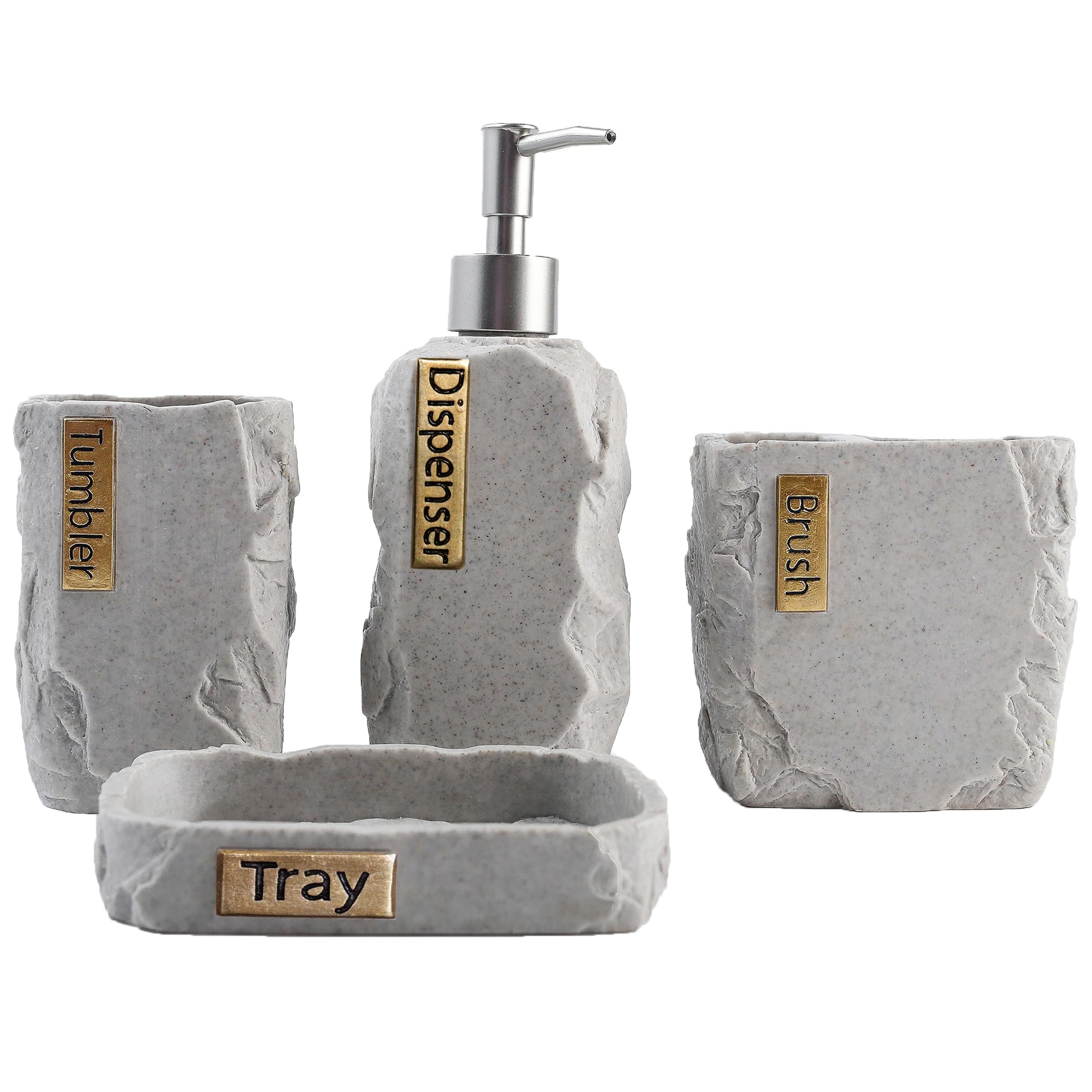 Hymmah Marble Bathroom Accessories Set - 4 Piece Farmhouse Decor with Toothbrush Holder, Soap Dispenser, Soap Dish & Tumbler | Modern Apartment Essentials for Bathroom Organization & Stylish Home Decor