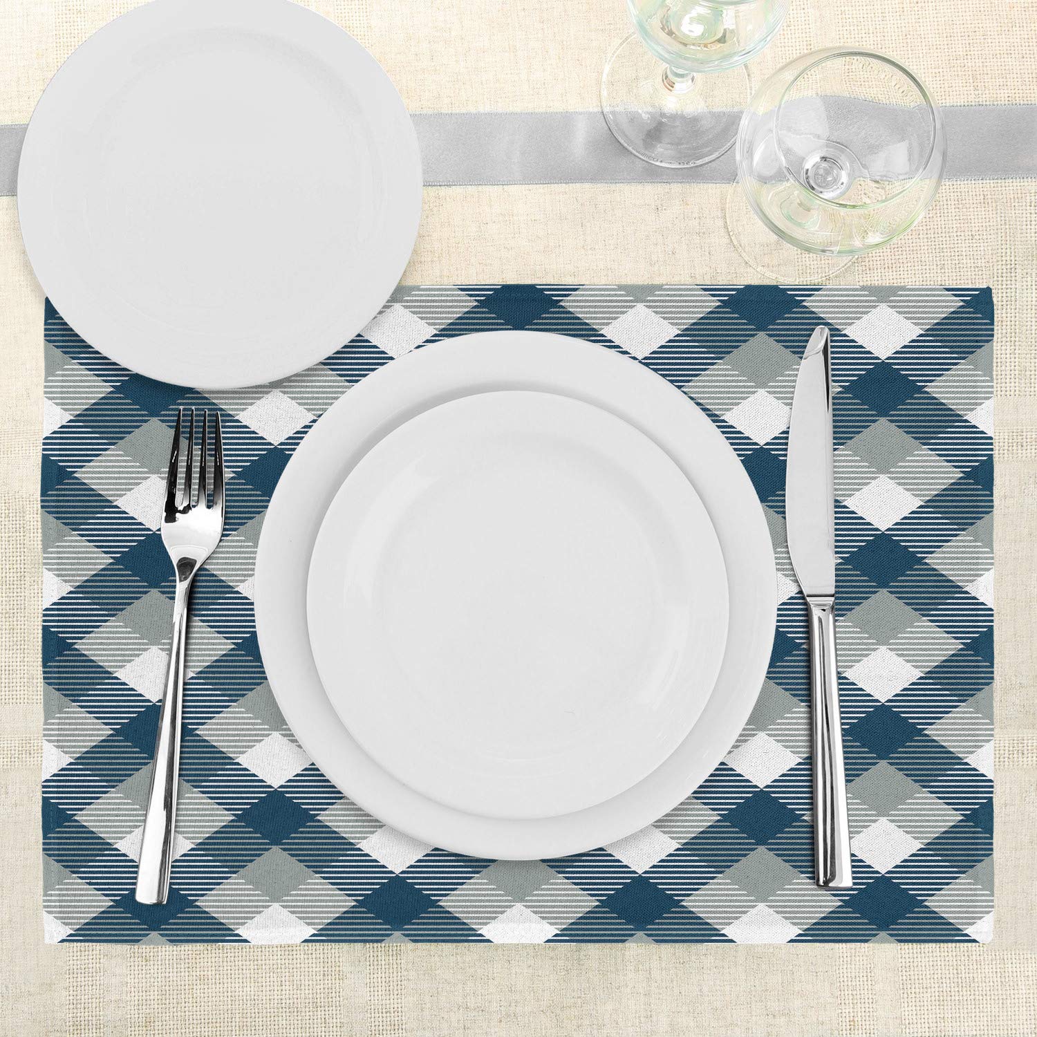 Ambesonne Navy Blue Place Mats Set of 4 - Abstract Checkered Tartan Geometric Pattern Washable Fabric Table Mats for Dining Room & Kitchen Decor - Perfect for Holiday Dinners, Parties & Everyday Use (Dark Blue, White, Grey)