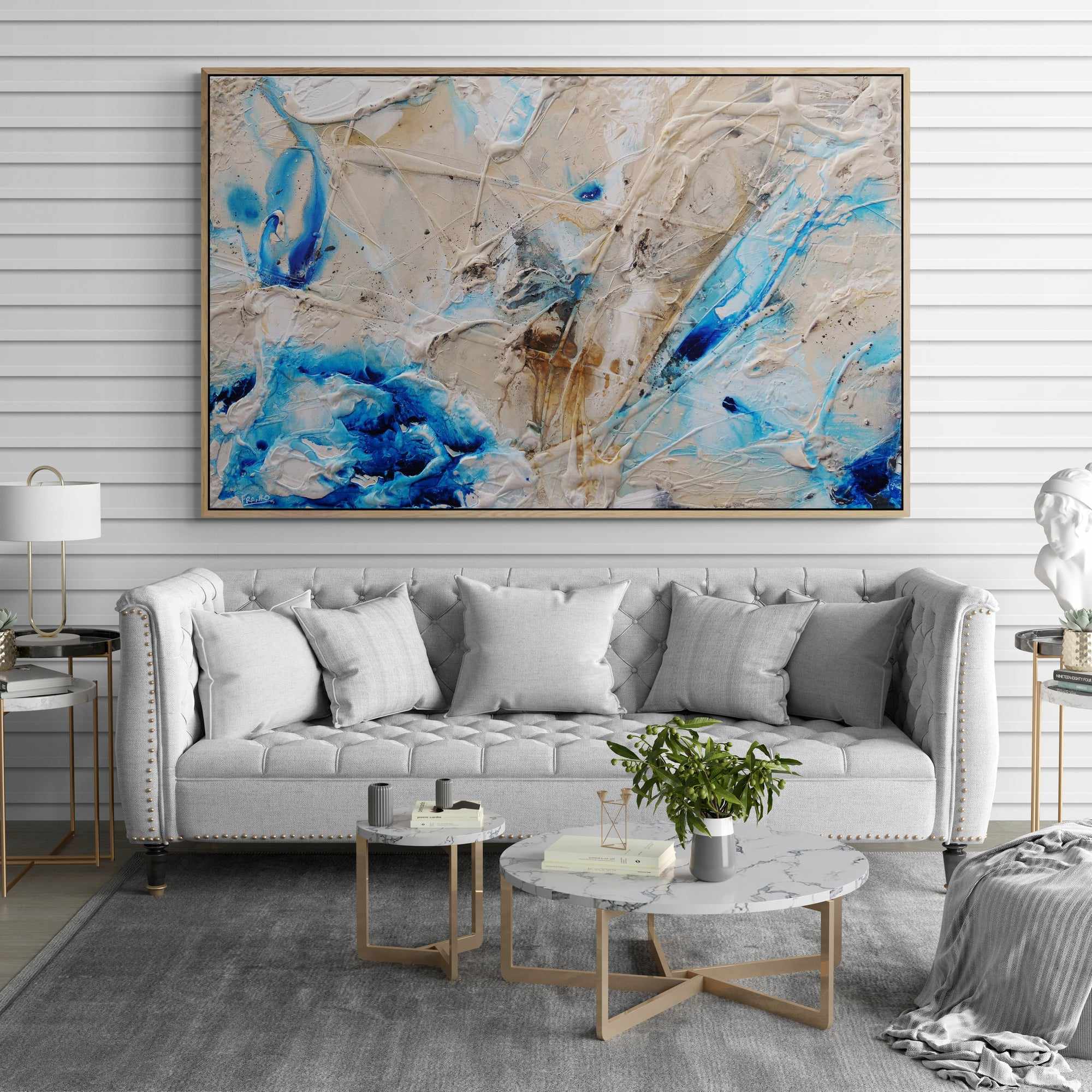 160cm x 100cm Cream Blue Textured Abstract Wall Art Painting - Modern Canvas Art for Living Room, Bedroom, Office Decor