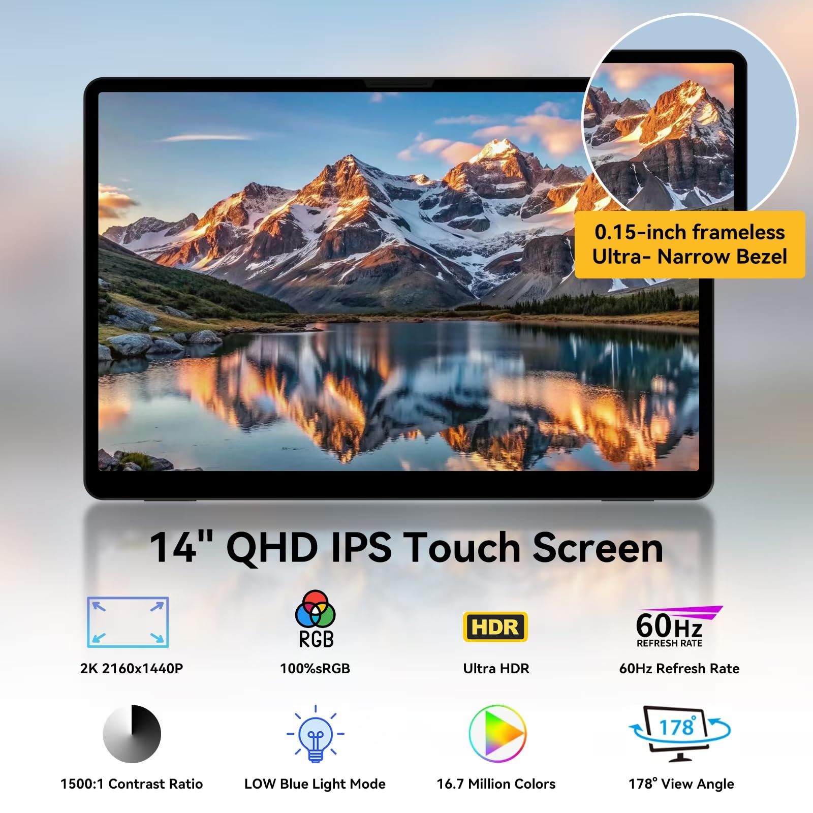 14 Inch Portable Touchscreen Monitor - 2K QHD IPS Display with Tempered Glass, Adjustable Kickstand & Protective Sleeve - HDMI/USB-C External Second Screen for Laptop, PC, Phone, Xbox, Switch, PS4/PS5 - Perfect for Work, Gaming & Travel