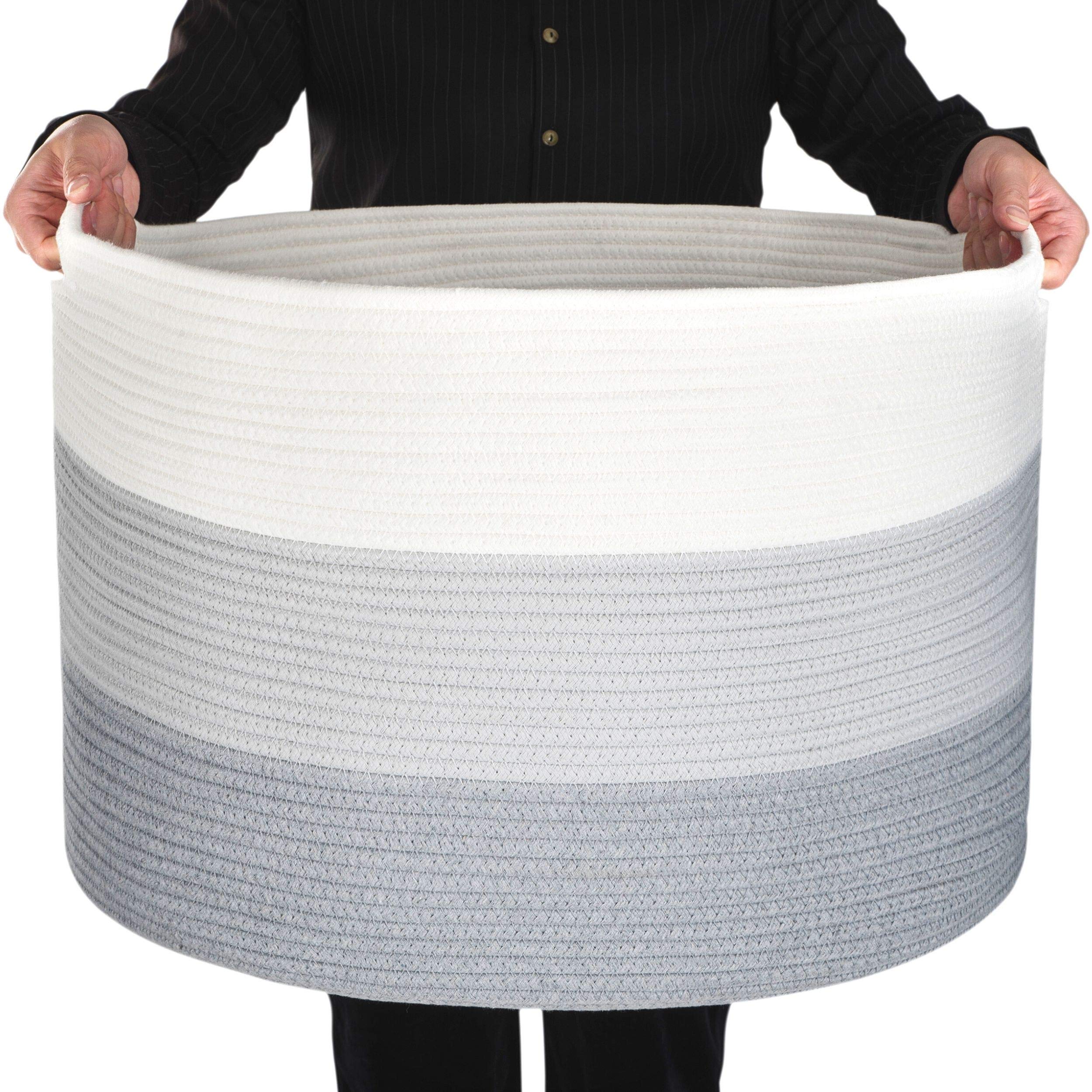 MINTWOOD Extra Large 22x14 Inch Woven Cotton Rope Storage Basket - Light Gray 3-Tone Decorative Bin for Laundry, Blankets, Towels & Dog Toys | Perfect for Bedroom, Bathroom & Nursery Organization