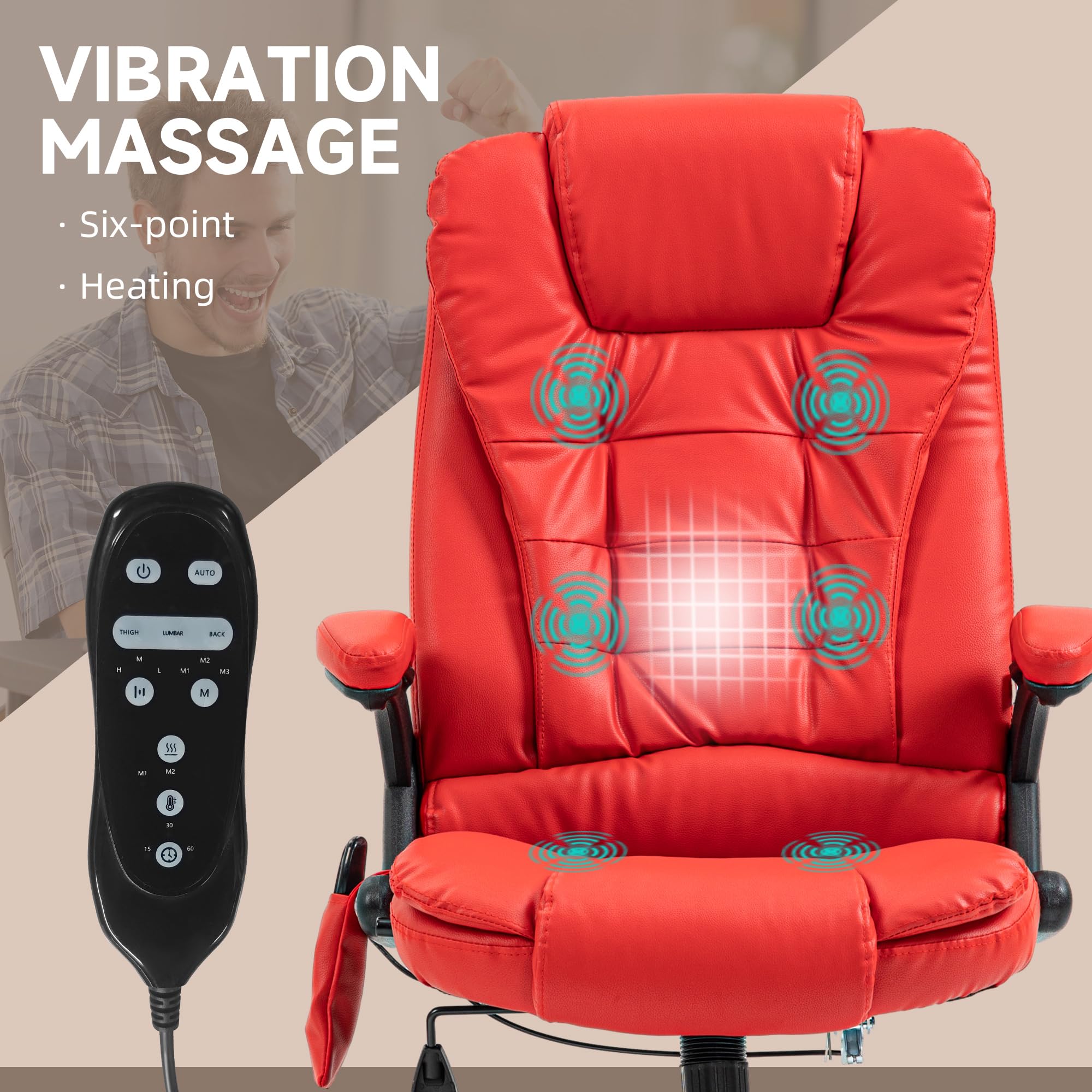 HOMCOM High Back Vibration Massage Office Chair with 6 Vibration Points & Heating - PU Leather Reclining Computer Chair with Adjustable Armrests & Remote Control (Red) - Perfect for Home Office, Gaming & Relaxation