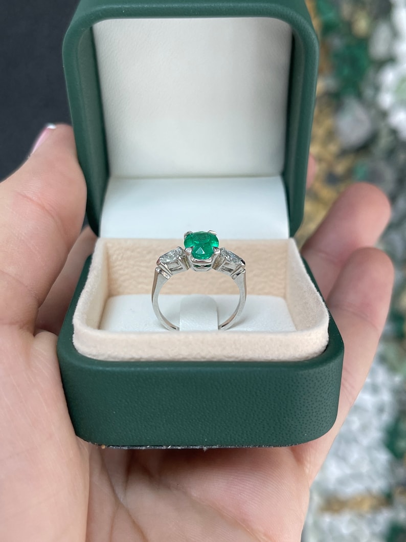 2.18tcw Platinum Vivid Dark Rich Green Emerald & Diamond Three Stone Engagement Ring - Fine Quality Jewelry for Weddings, Proposals & Anniversaries