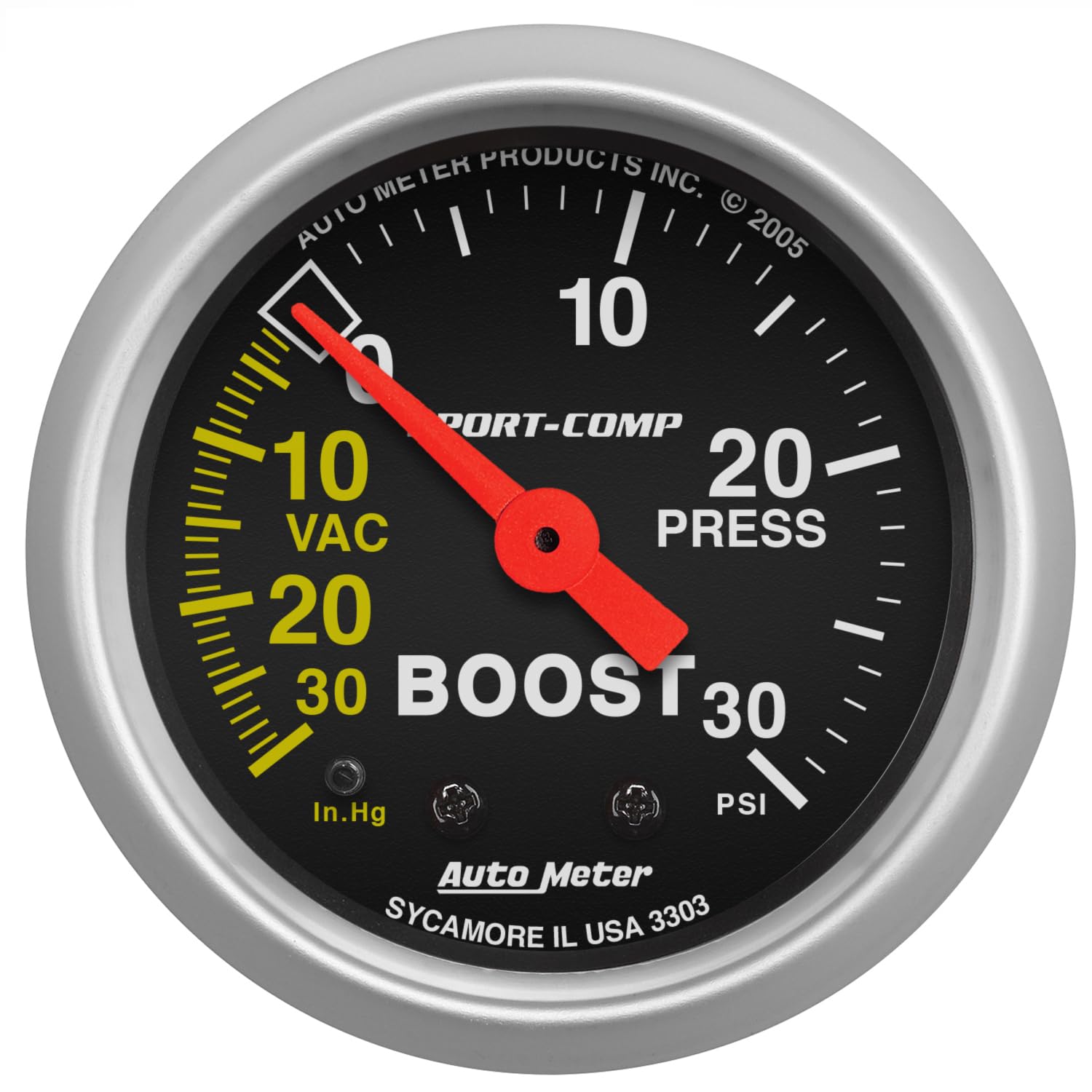 Auto Meter 3303 Sport-Comp 2.3125 Inch Mechanical Boost/Vacuum Gauge - High Performance Racing & Turbocharged Vehicle Monitoring