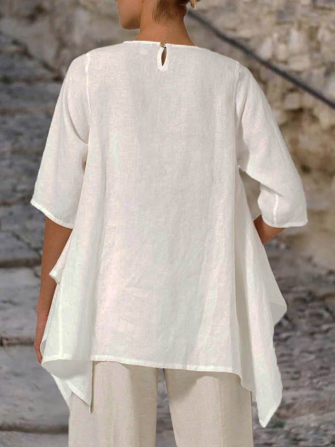 Lovevop Women's Cotton Linen Blouse - Round Neck, Asymmetrical Hem Casual Tops for Summer | Perfect for Beach Outings, Date Nights & Everyday Wear