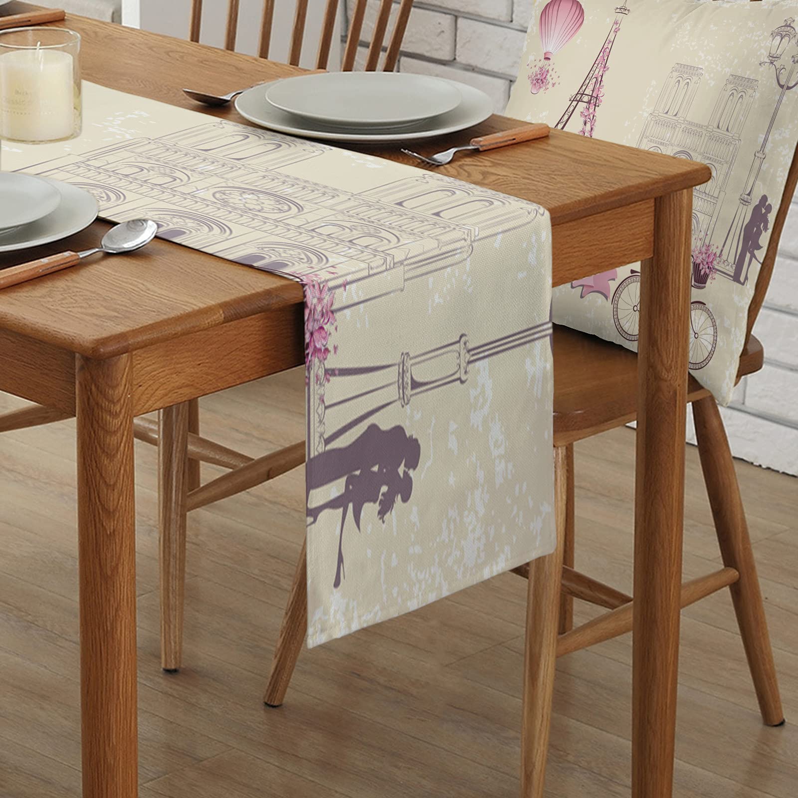 T&H XHome Durable Fabric Table Runner - Romantic Eiffel Tower & Bicycle Design Washable Linen Tablecloth for Dining Room, Kitchen, Wedding Decor (18x72 Inches) | Perfect for Indoor & Outdoor Parties, Holiday Gatherings, and French-Themed Events