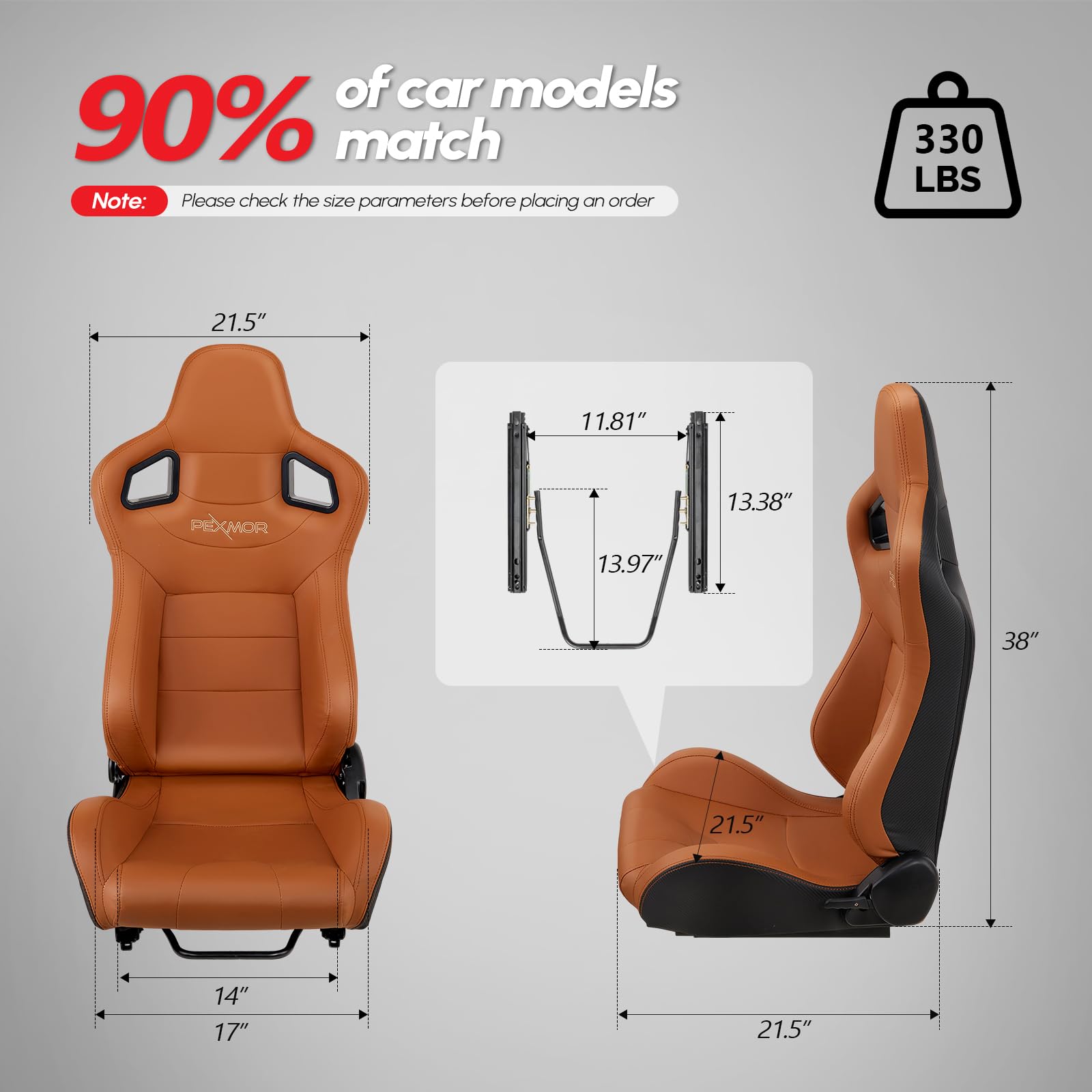 PEXMOR 2-Piece Reclinable Universal Racing Bucket Seats with Dual Slider - PU & Carbon Leather Adjustable Car Seats for Driver & Passenger (21.5