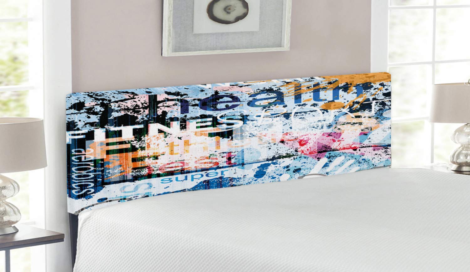 Ambesonne Fitness Headboard - Vintage Grunge Style Upholstered Metal Bed Frame with Memory Foam, Queen Size, Multicolor Sports Design | Perfect for Home Gym Decor & Aerobics Enthusiasts