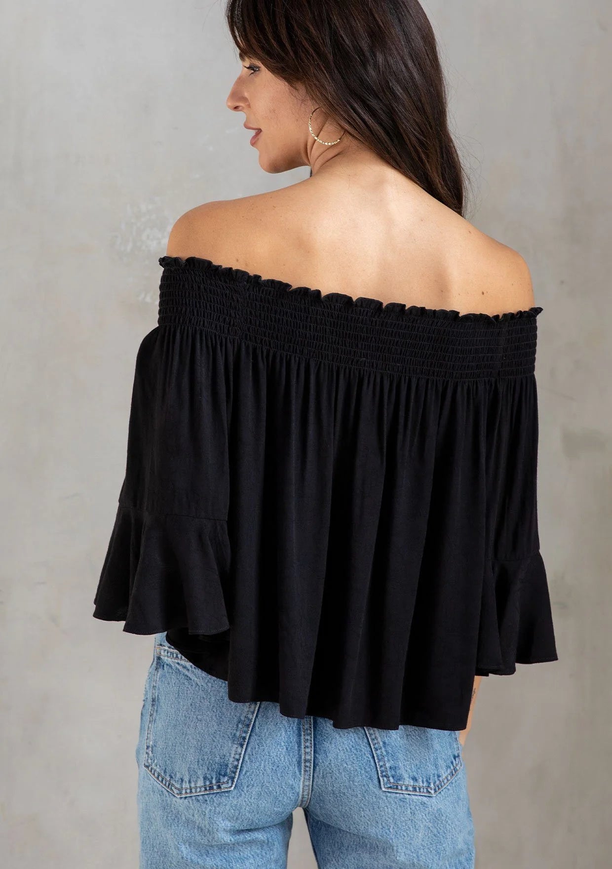 Elegant Black Jacquard Flutter Off-Shoulder Smocked Blouse for Women | Summer Boho Chic Tops | Perfect for Beach Vacations, Date Nights & Outdoor Parties