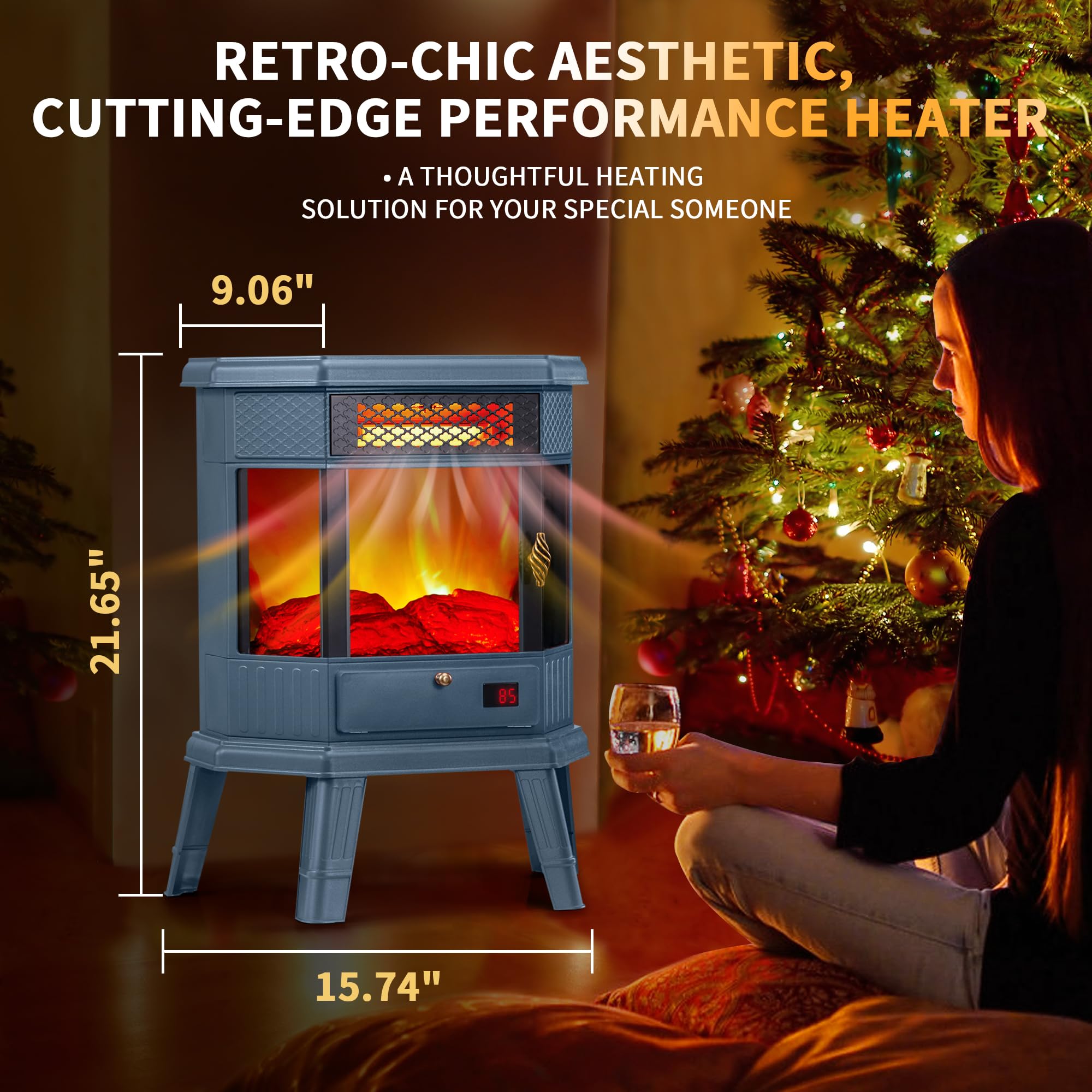 RealSmart 22-inch Freestanding Electric Fireplace Heater with 3D Flame Effect, Remote Control, Timer & Overheating Protection - Blue - Perfect for Bedroom, Living Room & Office Warmth