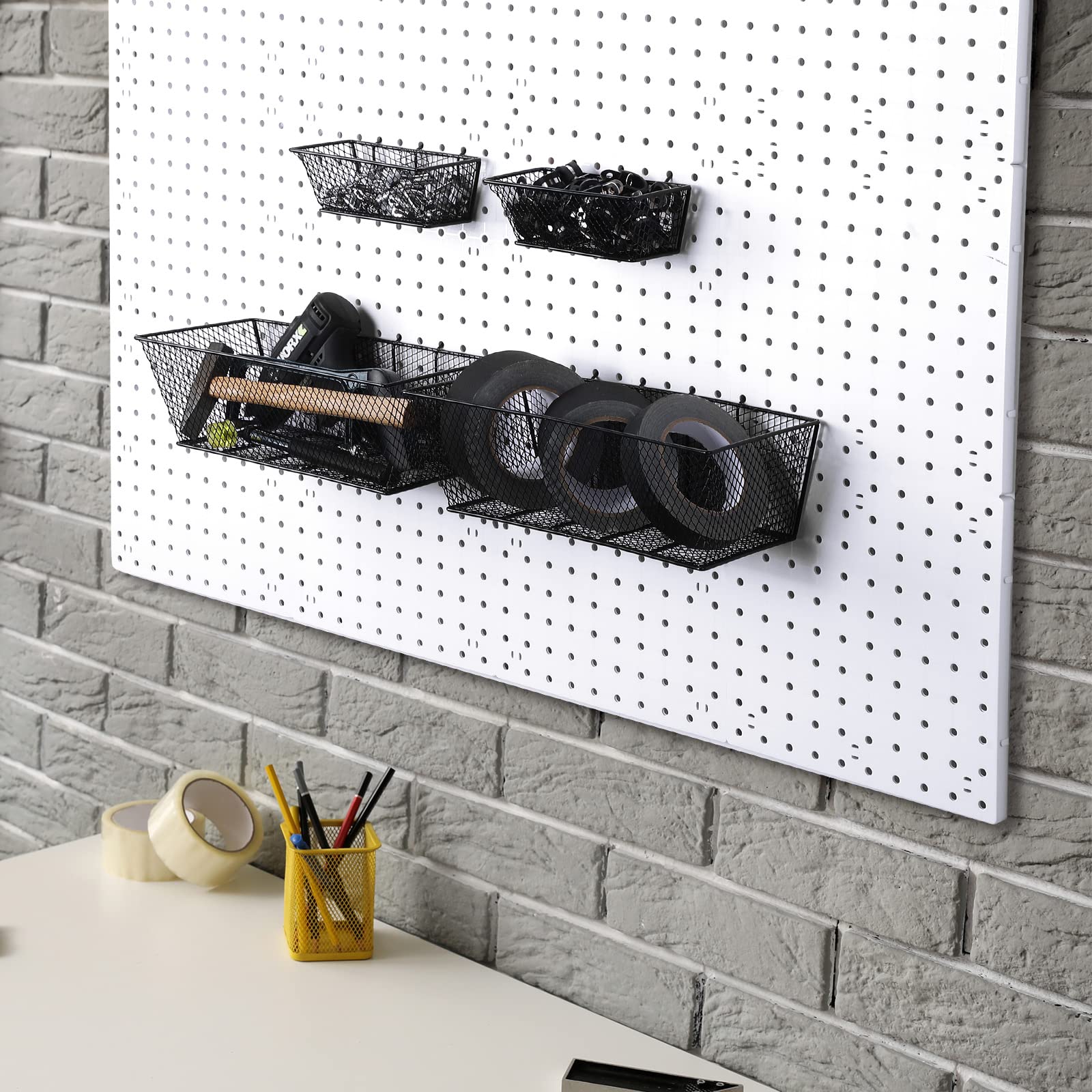 Sieral 4-Pack Black Pegboard Baskets - Metal Wire Shelf Organizers for Pegboard Wall Mount - Small & Large Size Tool Storage Accessories - Perfect for Garage, Workbench, Kitchen & Pantry Organization