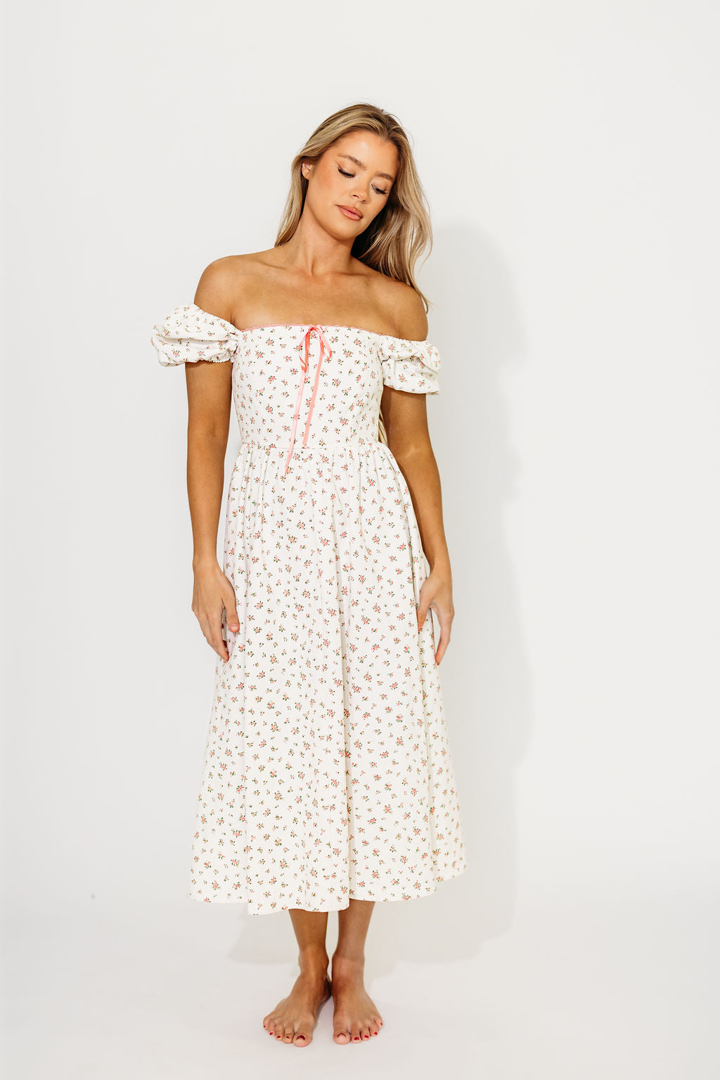 Charlotte Cotton Puff Sleeve Midi Dress - Cream Pink Floral Print Summer Dress for Women, Perfect for Beach Vacation, Garden Party & Date Night Outfits
