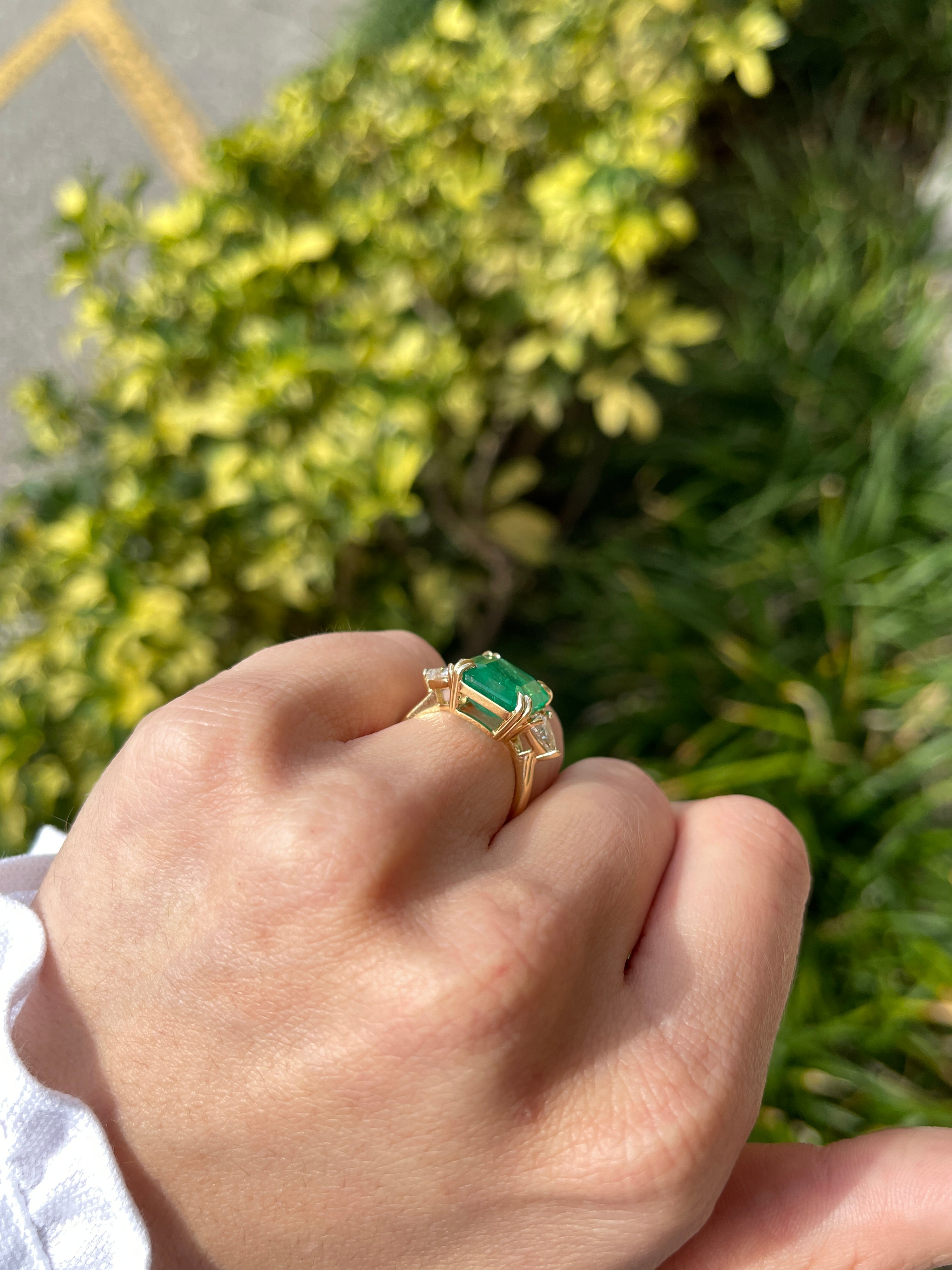 7.15tcw Muzo Colombian Emerald & Natural Trillion Diamond Three Stone 18K White Gold Ring - Elegant Jewelry for Engagement, Anniversary & Special Occasions