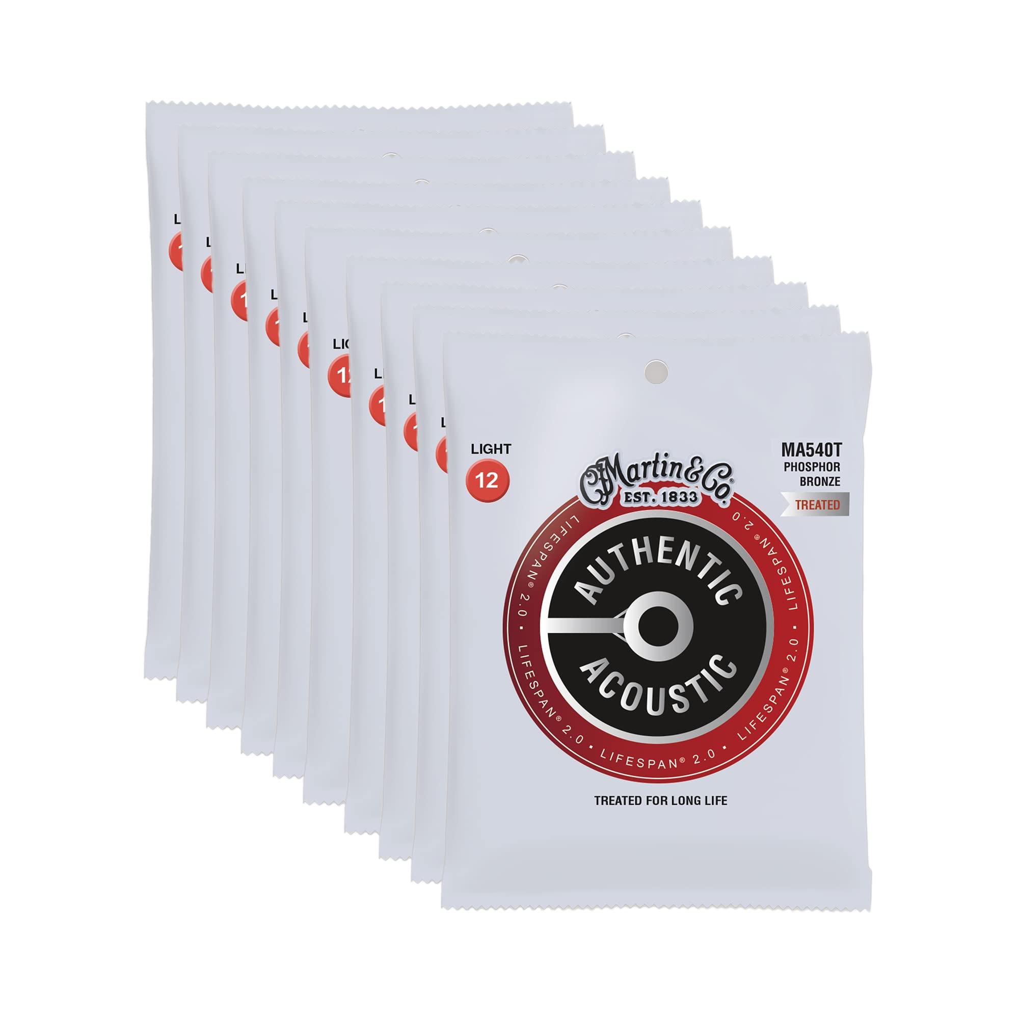 Martin MA540T Authentic Acoustic Guitar Strings - 92/8 Phosphor Bronze Light 12-54 Gauge (10-Pack Bundle) | Long Lifespan & Bright Tone | Perfect for Studio Recording, Live Performances & Practice Sessions