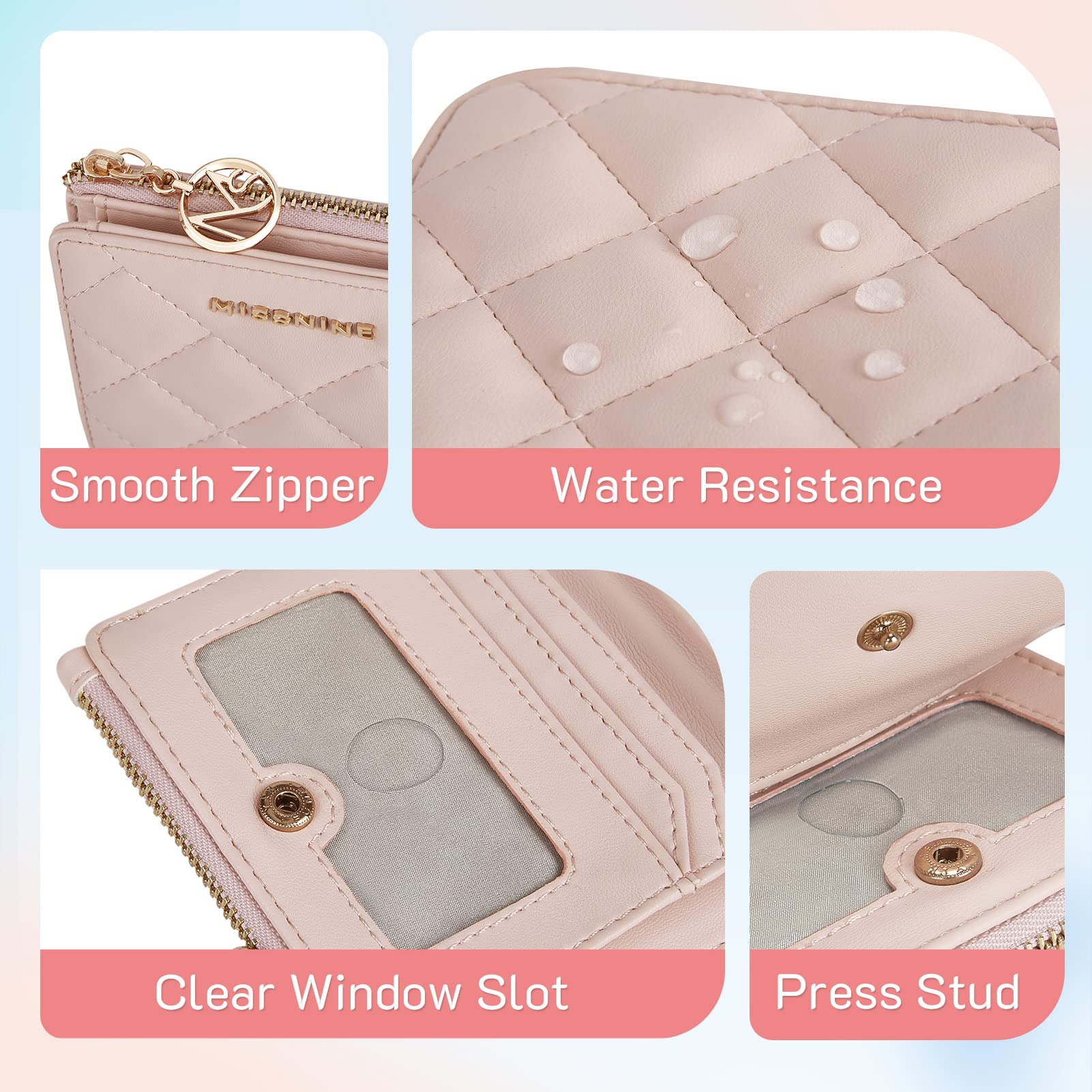 Missnine RFID Blocking Small Wallet for Women - Compact Pink Quilted Bifold Purse with ID Window & Coin Pocket | Perfect for Travel, Shopping & Everyday Use