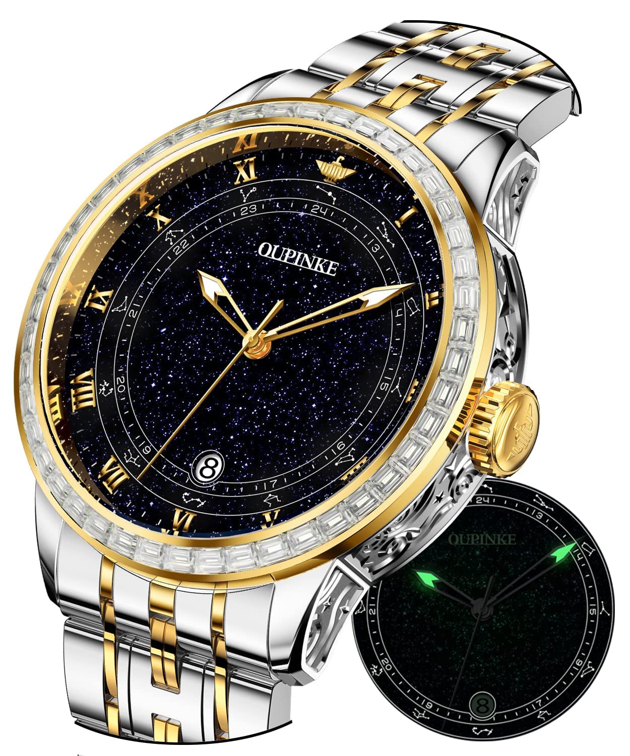 OUPINKE Men's Automatic Luxury Watch - Starry Sky Design, Mechanical Movement, Waterproof, Date Display, Luminous Hands, Sapphire Crystal, Tungsten Steel Band - Perfect for Business, Formal Events & Gift Giving
