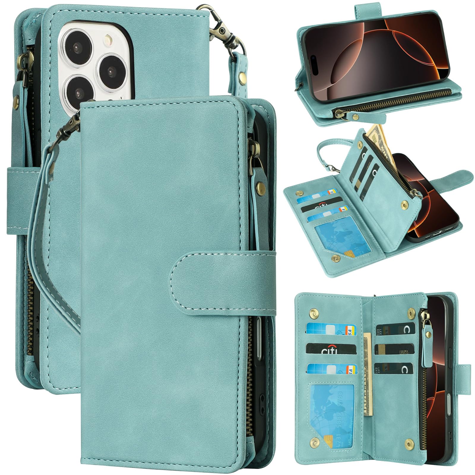 Premium PU Leather Wallet Case for iPhone 16 Pro Max - RFID Blocking Credit Card Holder with Zipper Pocket & Wrist Strap | Protective Cover for Daily Use, Travel & Business (Baby Blue)