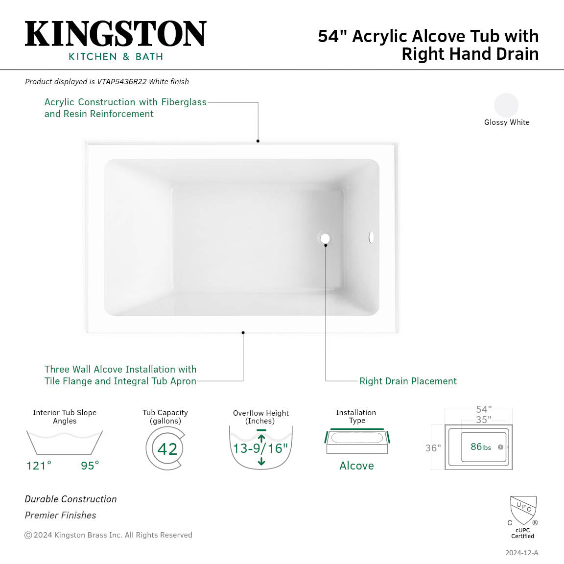 Aqua Eden VTAP5436R22 54-Inch Acrylic Rectangular 3-Wall Alcove Bathtub - Right Hand Drain, Glossy White - Perfect for Modern Bathrooms & Spa-Like Retreats