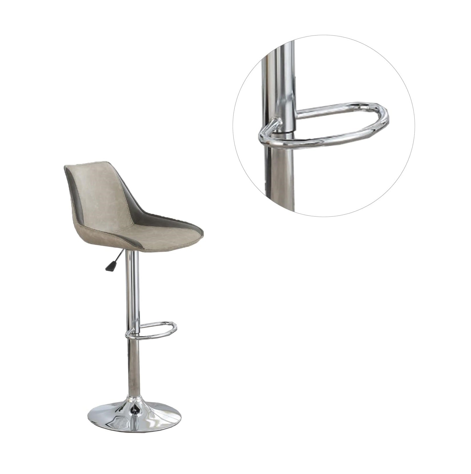 Modern Adjustable Bar Stool Set of 2 - Light Grey Waxed PU Leather with Chrome Base - Counter Height Kitchen & Dining Chairs for Breakfast Bar, Island, or Pub Table