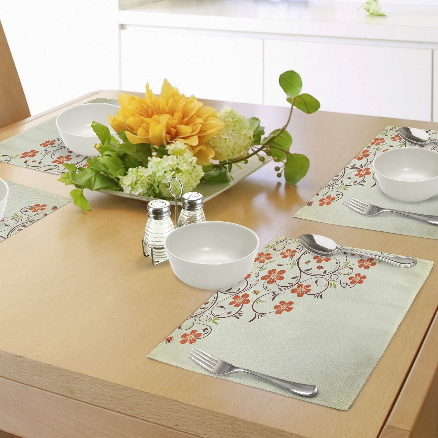 Ambesonne Ladybugs Place Mats Set of 4 - Floral Frame with Tiny Ladybugs & Swirl Branches Spring Design, Washable Fabric Table Mats for Dining Room & Kitchen Decor in Pale Green & Red - Perfect for Spring Parties, Easter Decorations & Everyday Dining