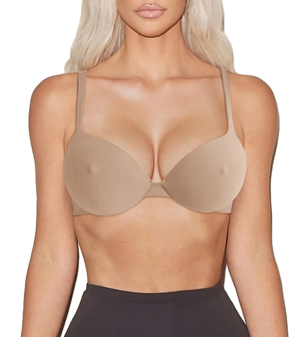 REORIA Women's Push Up Bra with Underwire - Plunge Nipple Padded Comfortable Smoothing Supportive T-Shirt Bra for Everyday Wear & Special Occasions