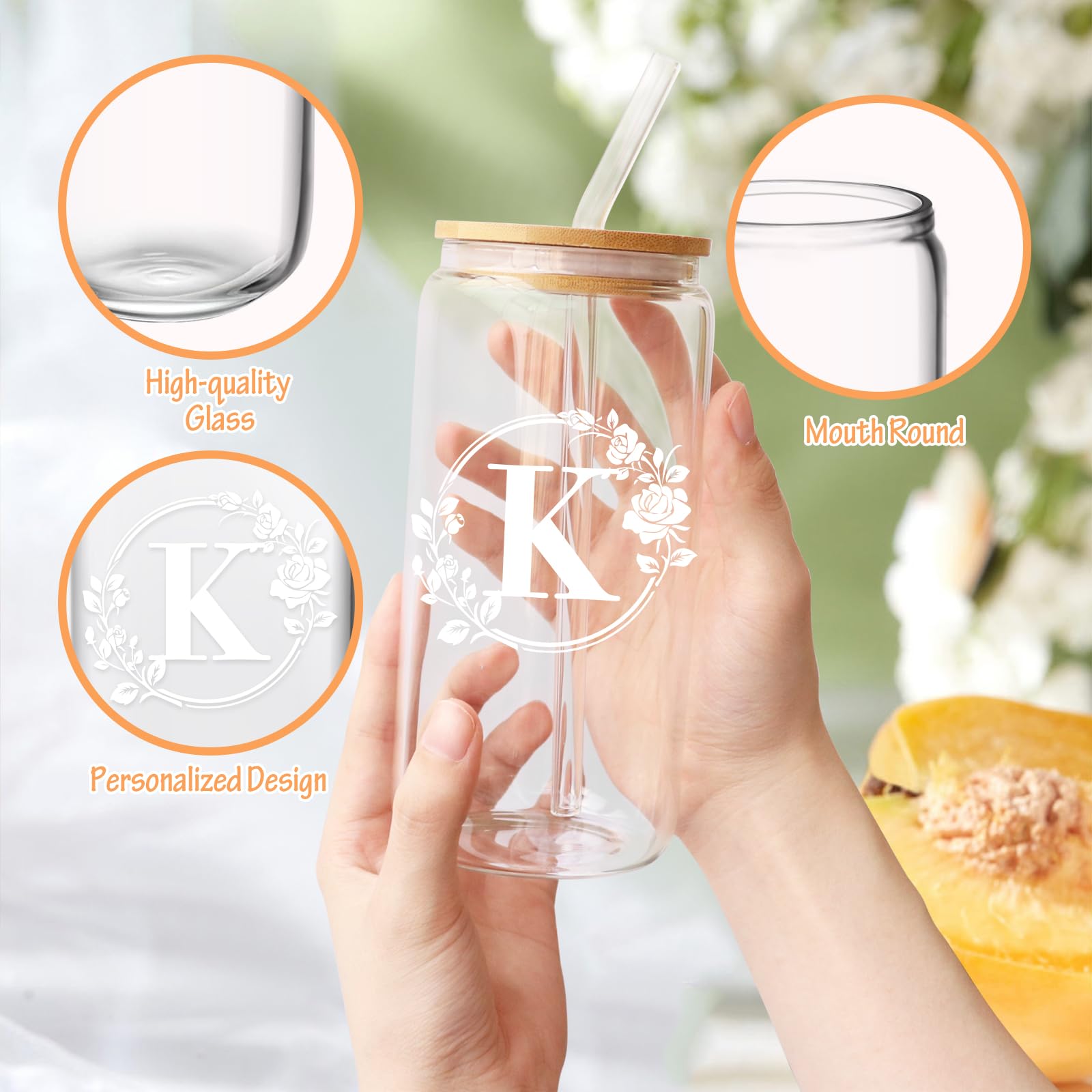 Personalized Monogrammed Initial 16oz Glass Cup with Lid & Straw - Custom Birthday & Christmas Gifts for Women - Iced Coffee & Beer Can Shaped Drinking Glass for Home, Office & Party Use