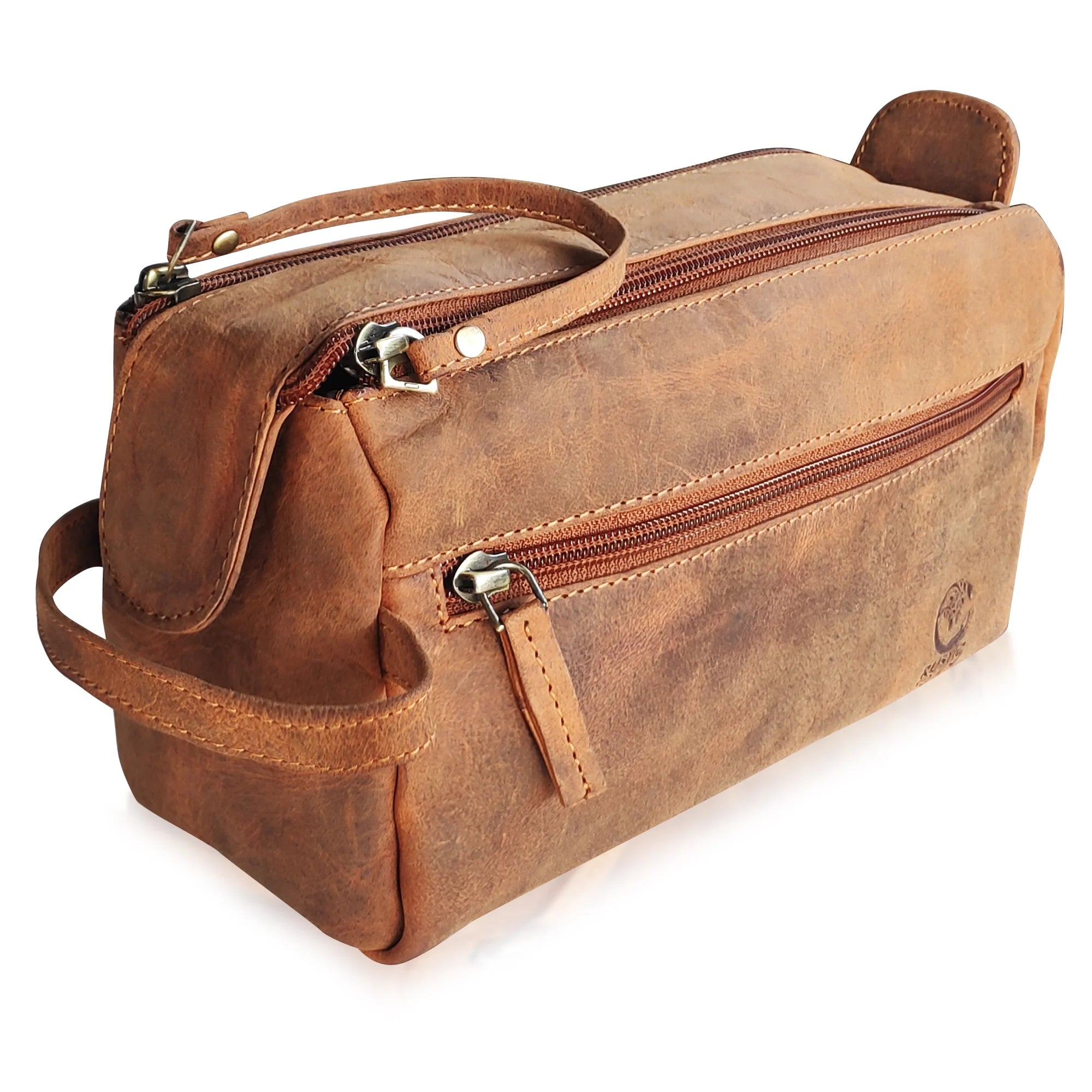 Premium Full Grain Leather Travel Toiletry Bag for Men & Women - Durable Brown Leather Cosmetic Organizer - Perfect for Vacation, Business Trips & Gym Essentials