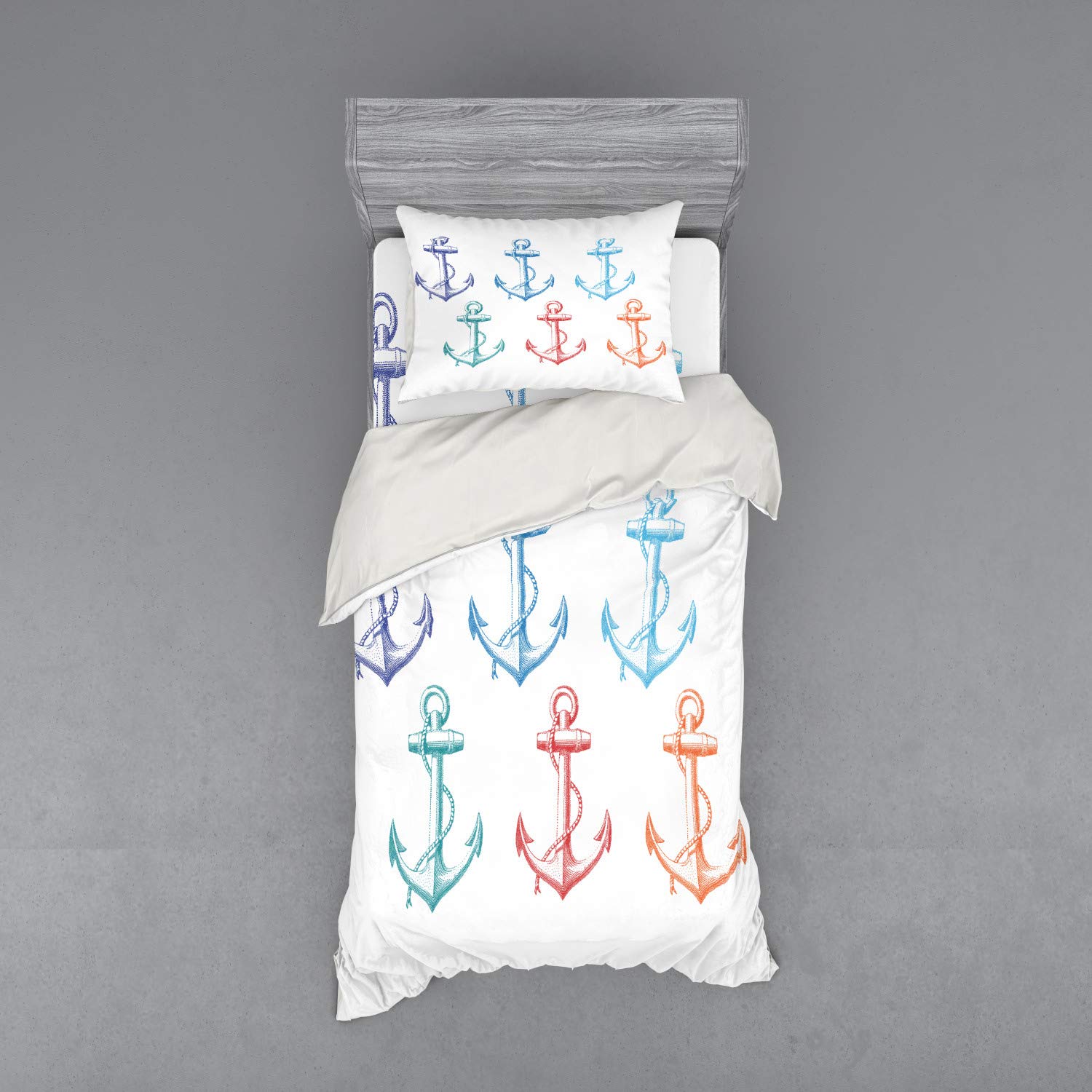 Ambesonne Nautical Duvet Cover Set - Colorful Anchors & Abstract Marine Design, 3-Piece Twin Size Bedding with Sham & Fitted Sheet | Perfect for Coastal Themed Bedrooms, Beach House Decor & Maritime Enthusiasts