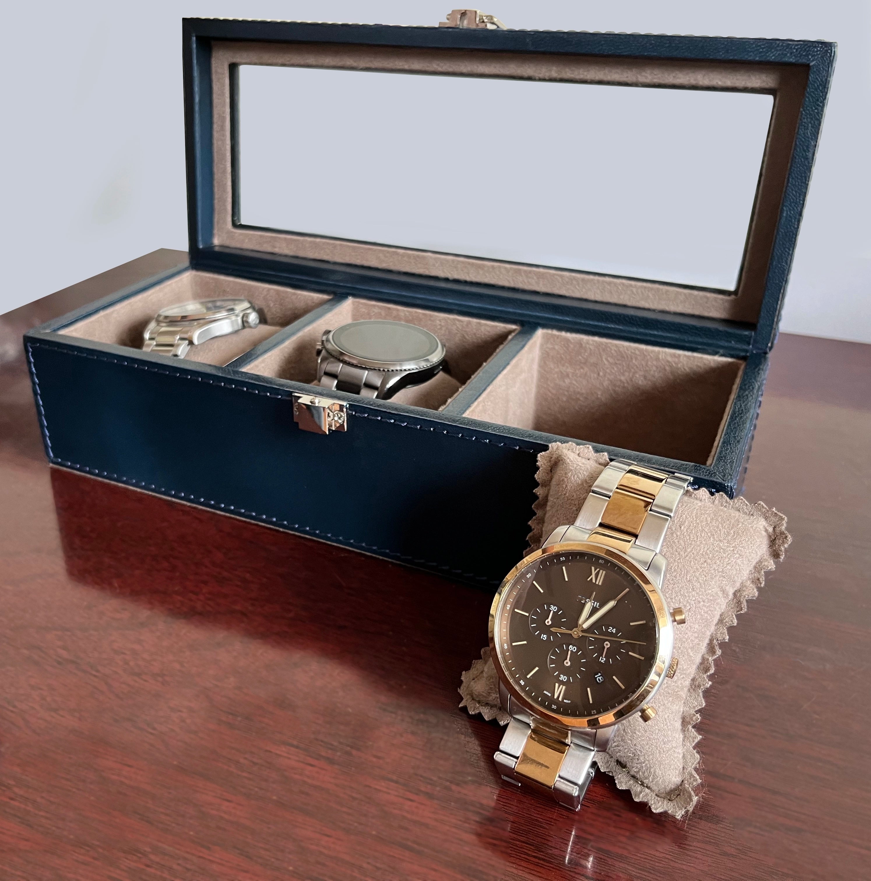 Premium Genuine Leather Watch Case with 3 Slots - Blue | Luxury Watch Storage & Travel Organizer for Men & Women | Perfect for Home, Office & Travel Accessories