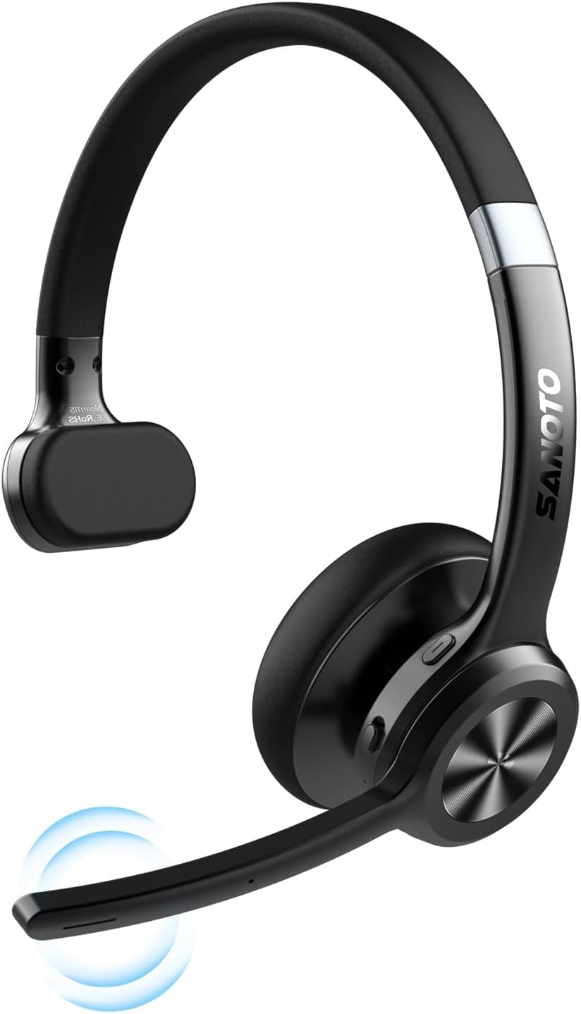 SANOTO Wireless Headset with Microphone for Laptop & PC - Noise Canceling Office Headphones, 40 Hours Playtime, 10M Bluetooth Range - Perfect for Video Calls, Online Meetings, Gaming & Music on Mobile Phone, Computer & Tablet