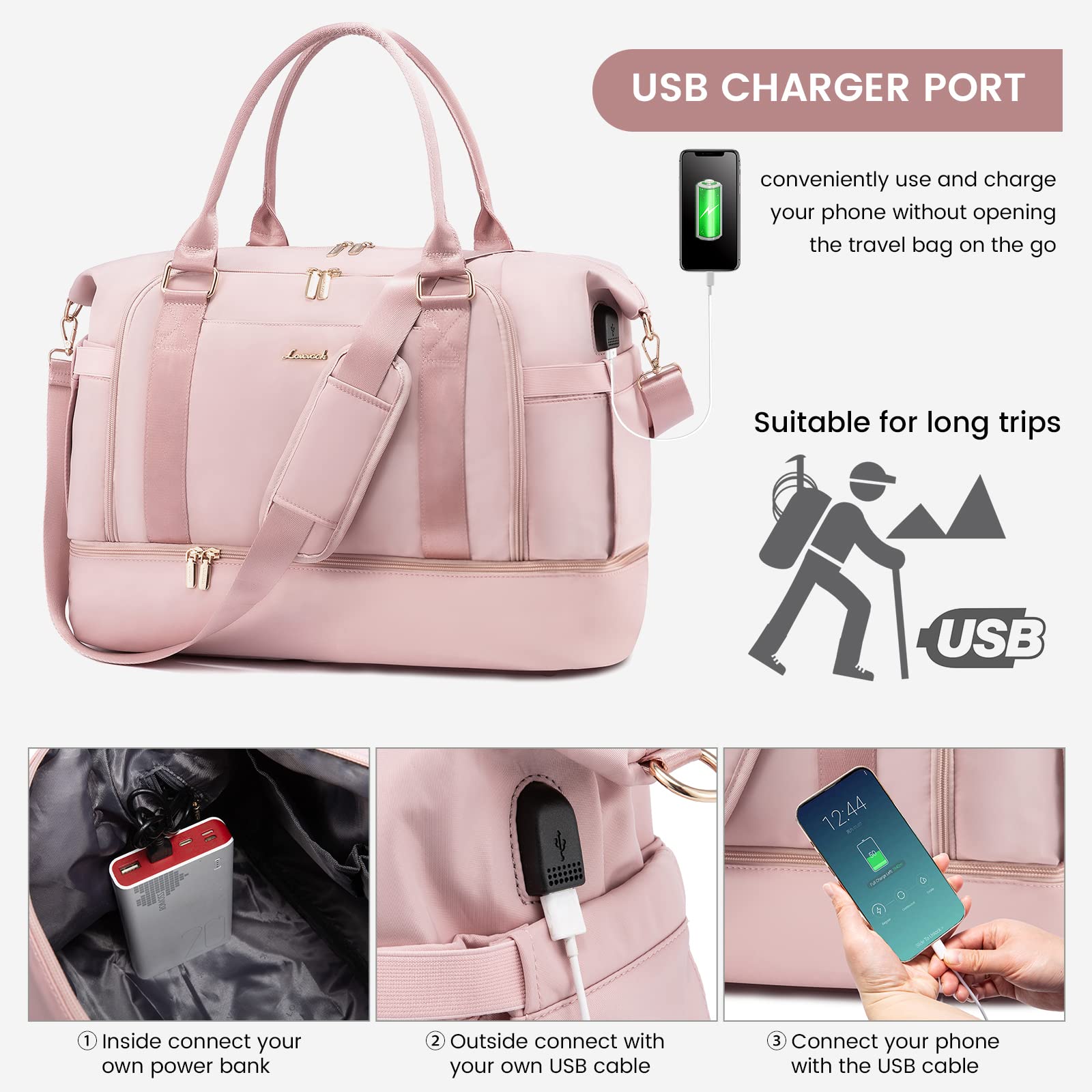 LOVEVOOK Gym Bag for Women - Travel Duffel Bag with USB Charging Port & Shoe Compartment | Weekender Overnight Bag with Toiletry Pouch | Perfect for Workout, Hospital Labor Delivery & Carry-On Travel