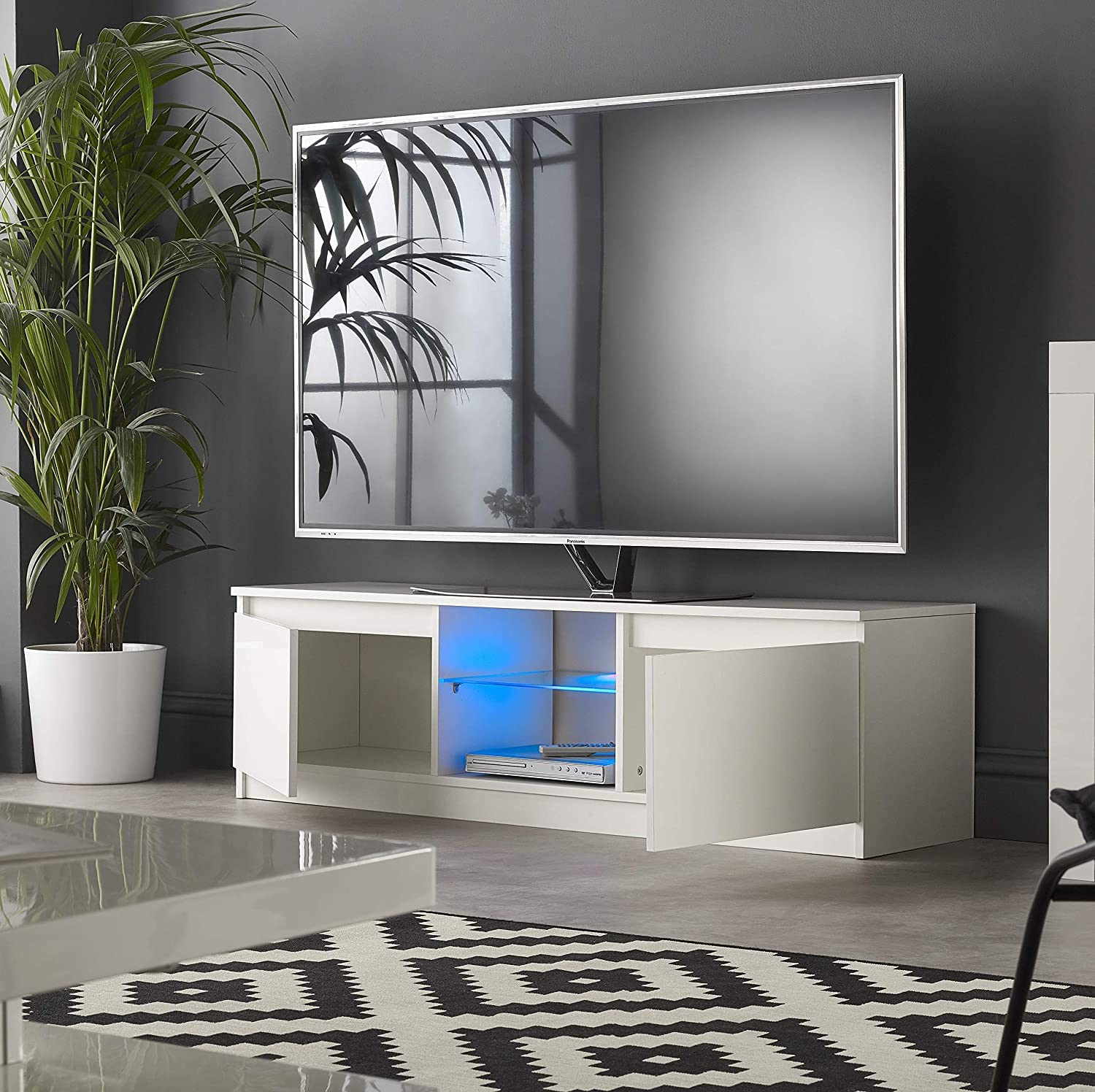 MMT Furniture TV Stand for 42-65 Inch LED LCD Plasma Flat Screen TVs - Modern Entertainment Center with Storage Cabinet & Blue LED Lights - White Media Console Shelf for Living Room, Bedroom & Home Theater Setup