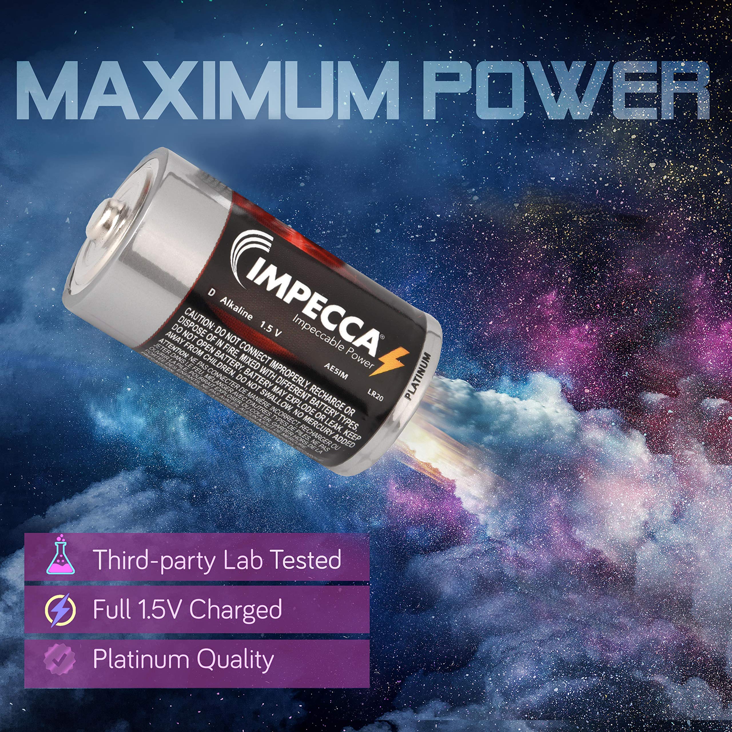 Impecca D Batteries (24-Pack) - High Performance Alkaline Batteries, Long Lasting & Leak Proof, LR14 Platinum Series - Perfect for Flashlights, Toys, Radios & Emergency Kits