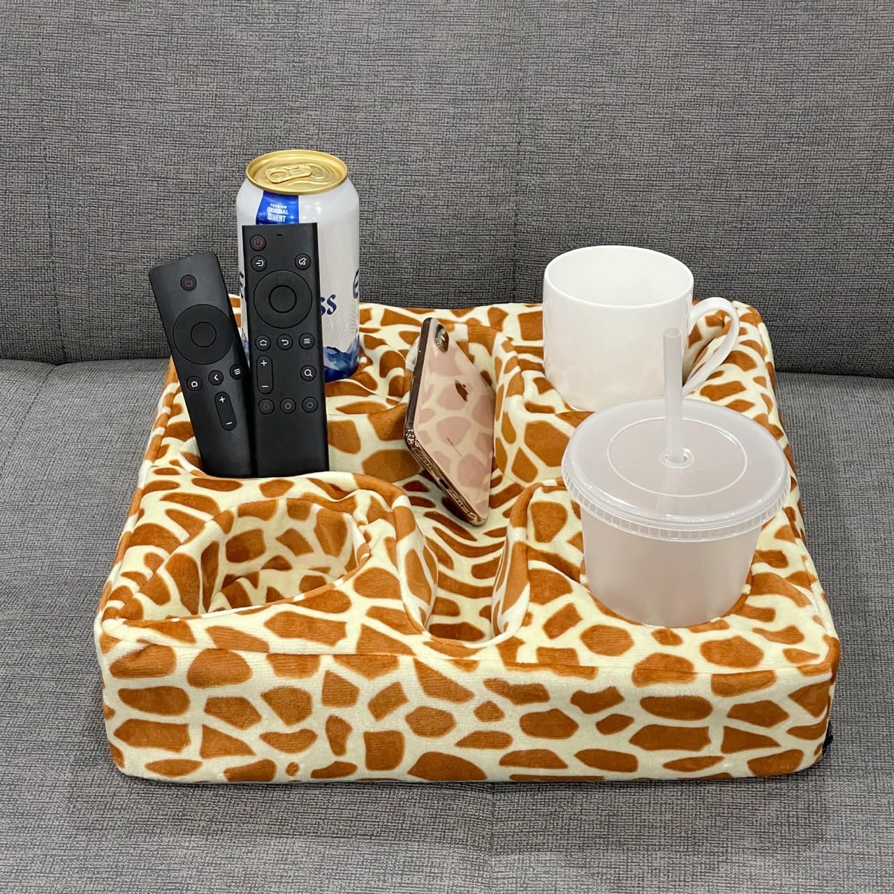 Multi-Functional Couch and Bed Cup Holder Pillow with Snack Tray - Perfect for Drinks, Remote Control & Snacks (Giraffe Design) - Ideal for Movie Nights, Gaming & Relaxing on Sofa or Bed