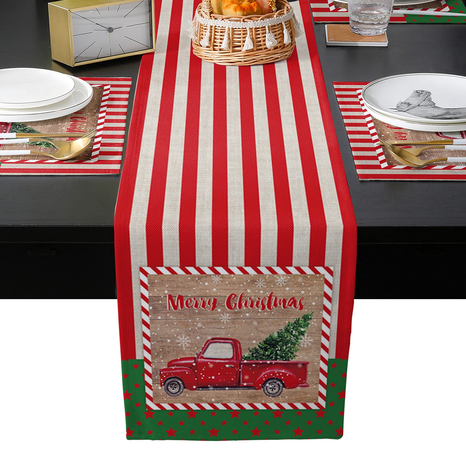 Savannan Burlap Christmas Placemats Set - 6pcs Rustic Holiday Table Mats & 1 Red Stripe Snowflake Table Runner for Farmhouse Decor, Xmas Party, Dining Table Setting, Winter Home Decoration