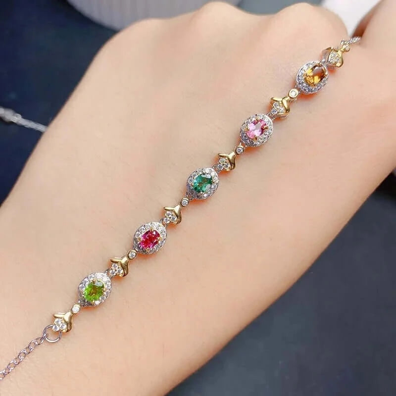 925 Sterling Silver Tourmaline Gemstone Chain Bracelet for Women - Elegant Adjustable Jewelry Gift for Birthday, Anniversary & Special Occasions