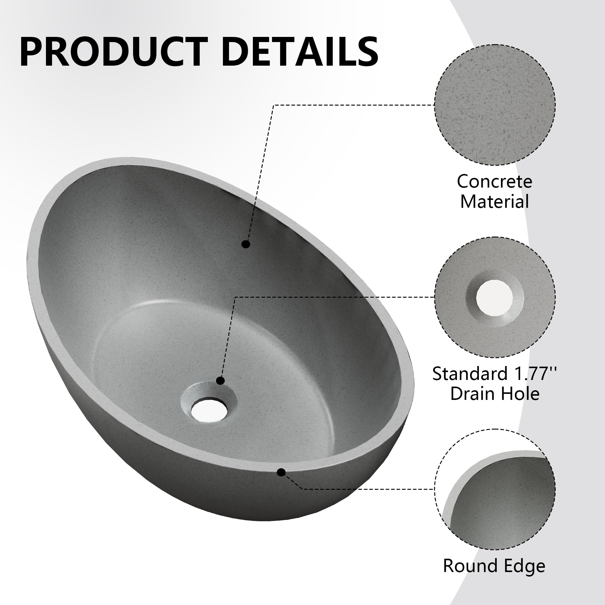 Dolonm Grey Concrete Vessel Bathroom Sink - 21x14 Inch Modern Bowl Shaped Countertop Basin Without Faucet & Drain - Perfect for Contemporary Bathrooms, Powder Rooms & Vanity Makeovers