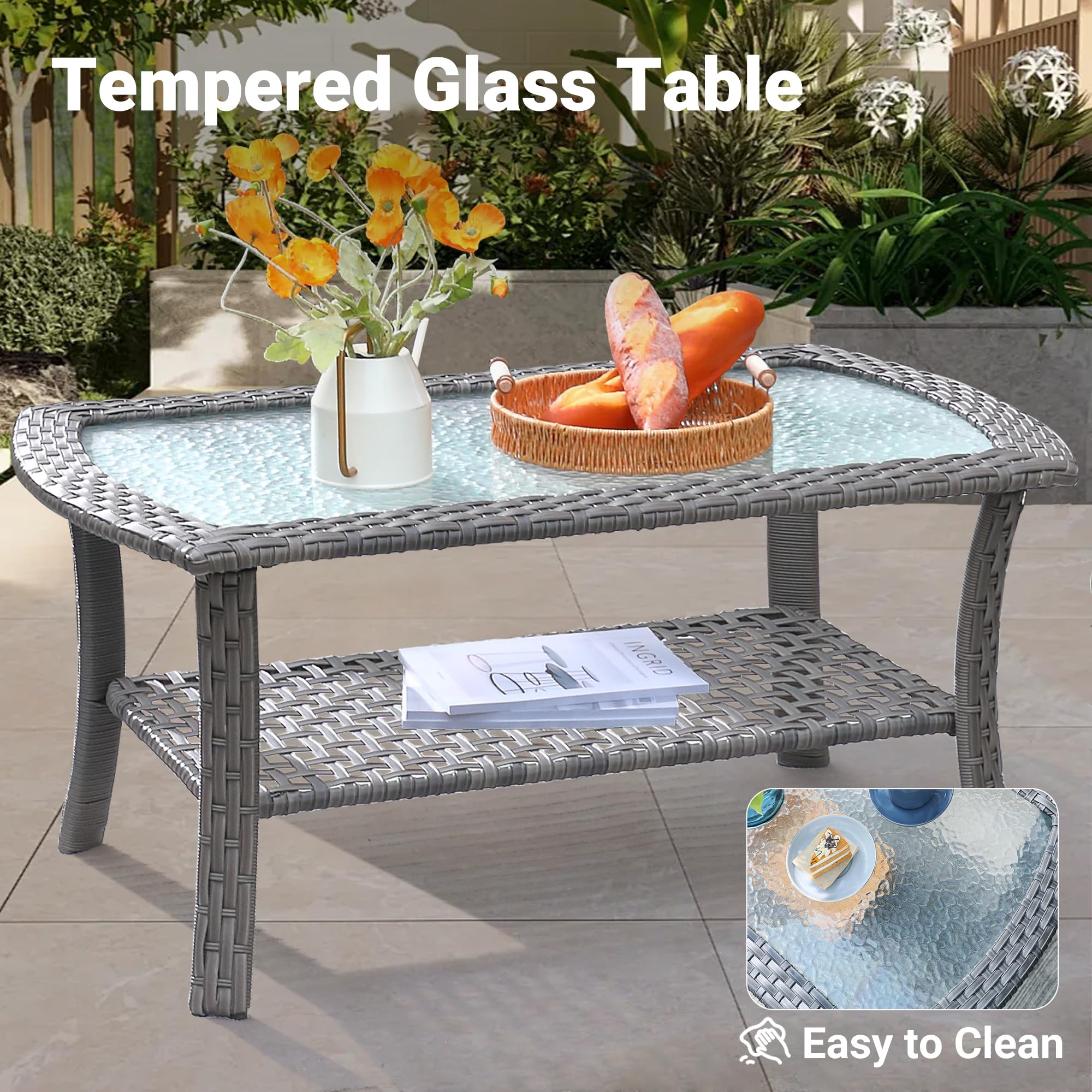 Ovios 2-Piece Patio Furniture Set - Outdoor Wicker Sofa with Glass Coffee Table, All-Weather High Back Rattan Loveseat (2 Seater) with Comfortable Cushions in Beige - Perfect for Garden, Balcony, and Poolside Relaxation