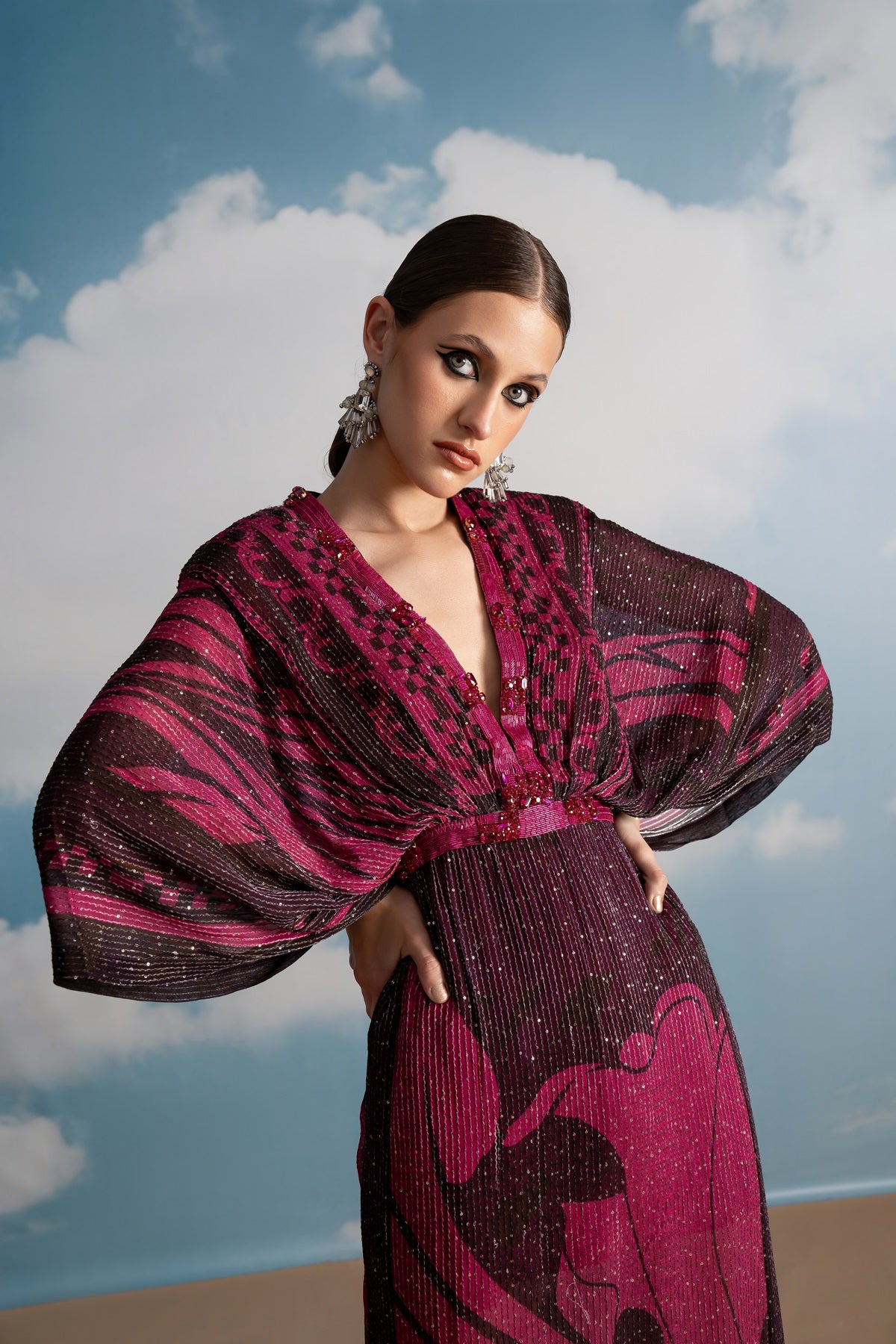Elegant Fuchsia Pink Swirl Printed Kaftan with Beaded Embroidery - Perfect for Beach Cover-Up, Summer Parties & Boho Fashion