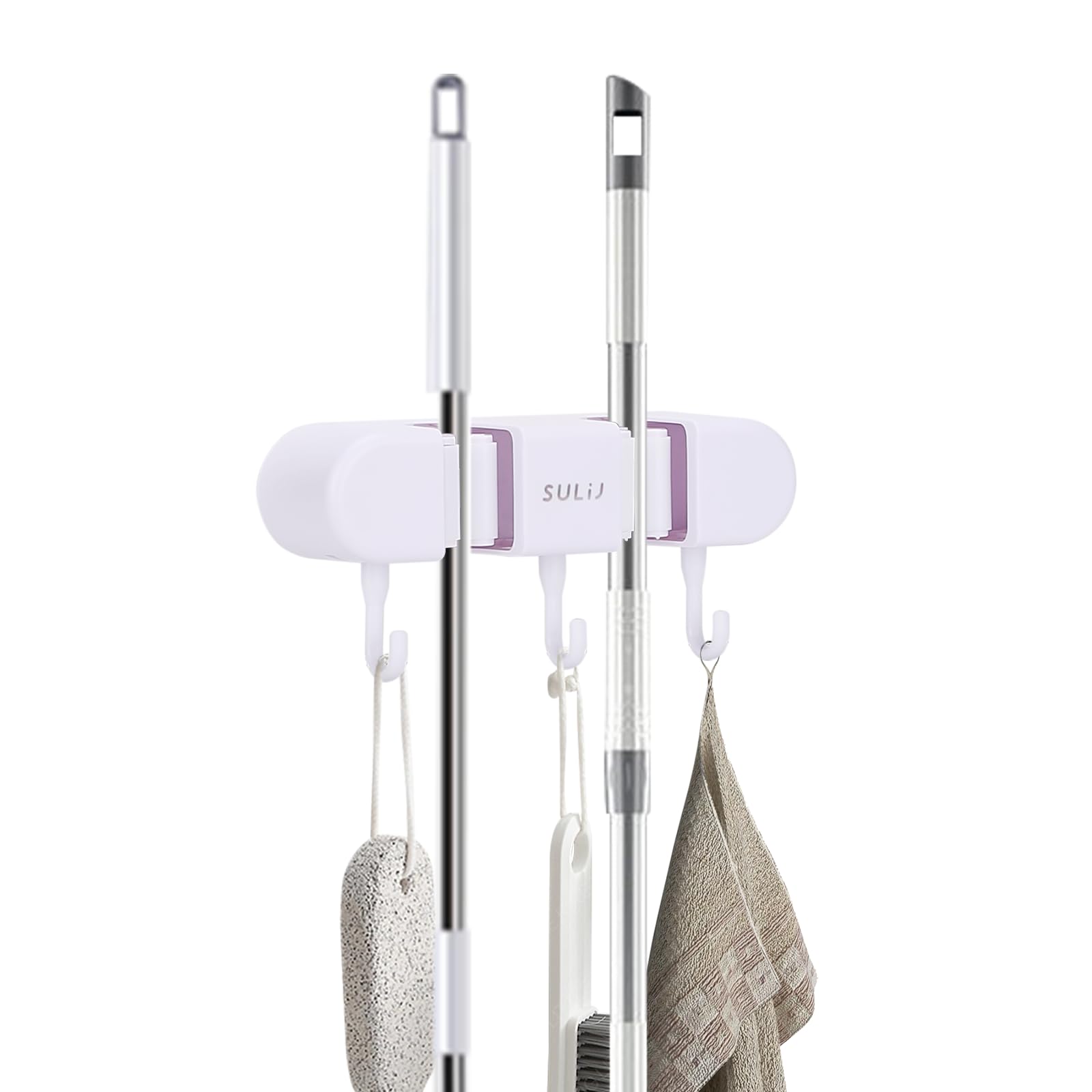 Bntyok Heavy Duty Wall Mount Broom Holder with 2 Slots & 3 Hooks - White | Garden Tool Organizer & Broom Hanger for Home, Laundry Room, Kitchen, Closet, Shed, Garage | Perfect for Organizing Mops, Brooms, Rakes & Cleaning Supplies