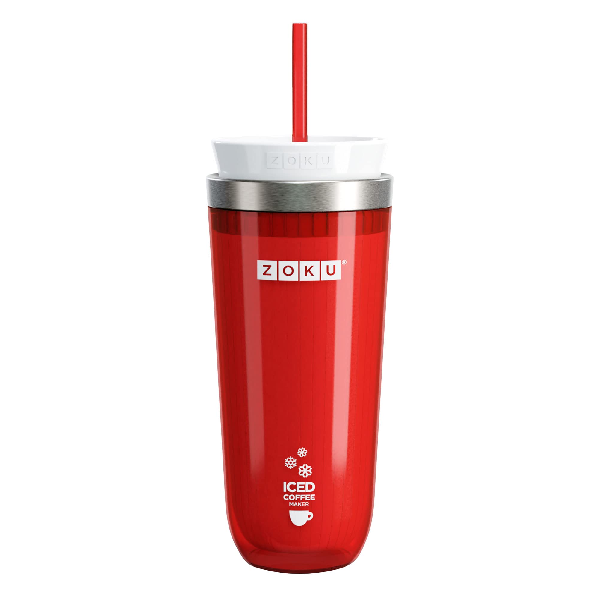 Zoku Instant Iced Coffee Maker - Reusable Beverage Chiller Cools Hot Drinks Fast Without Dilution | 11oz Portable Tumbler with Leak-Proof Lid & Straw (Red) | Perfect for Office, Travel & Outdoor Activities