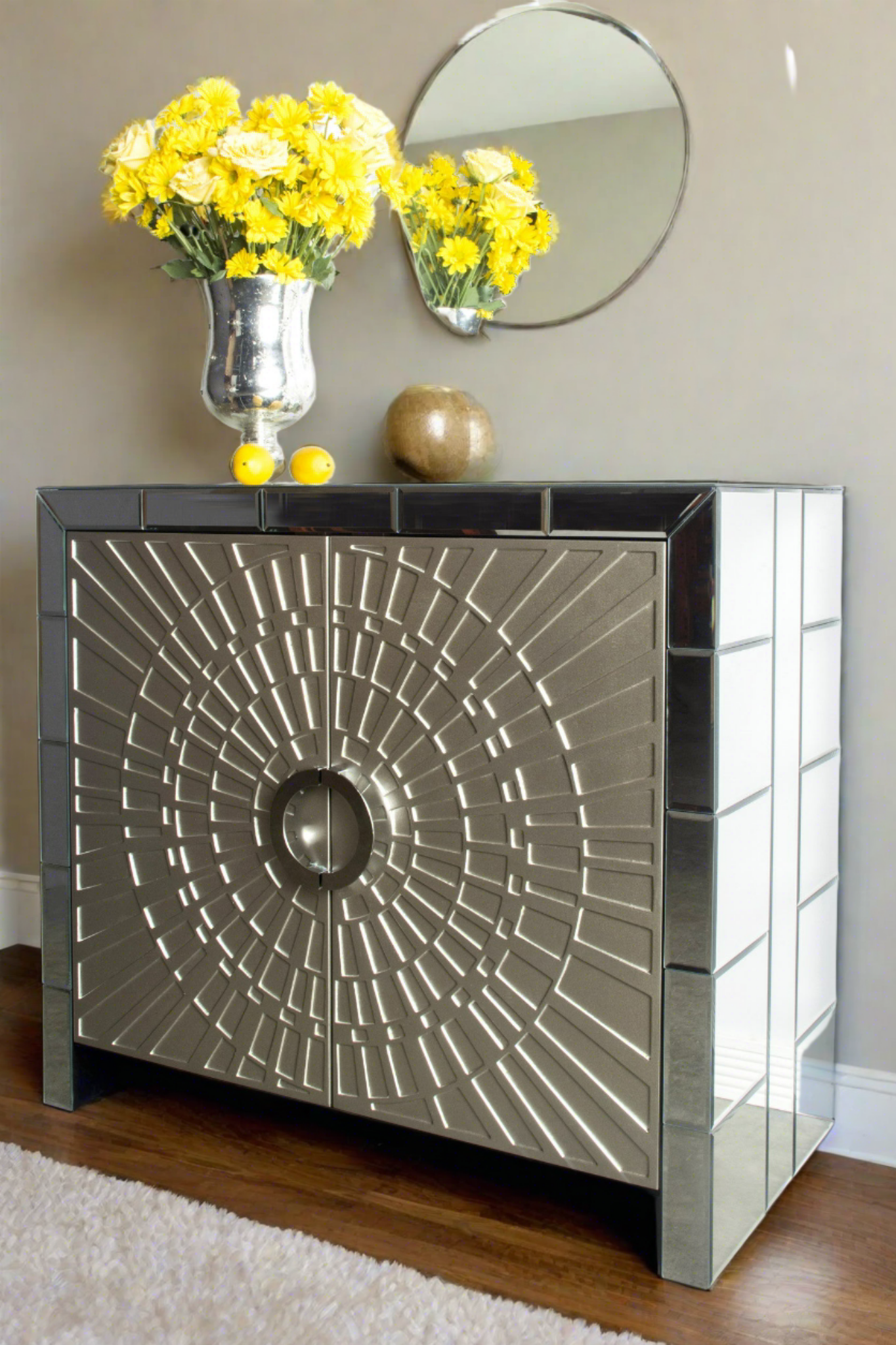 La Croisette Mirrored Accent Cabinet - Elegant Entryway Storage with Beveled Glass for Living Room, Bedroom or Hallway Decor