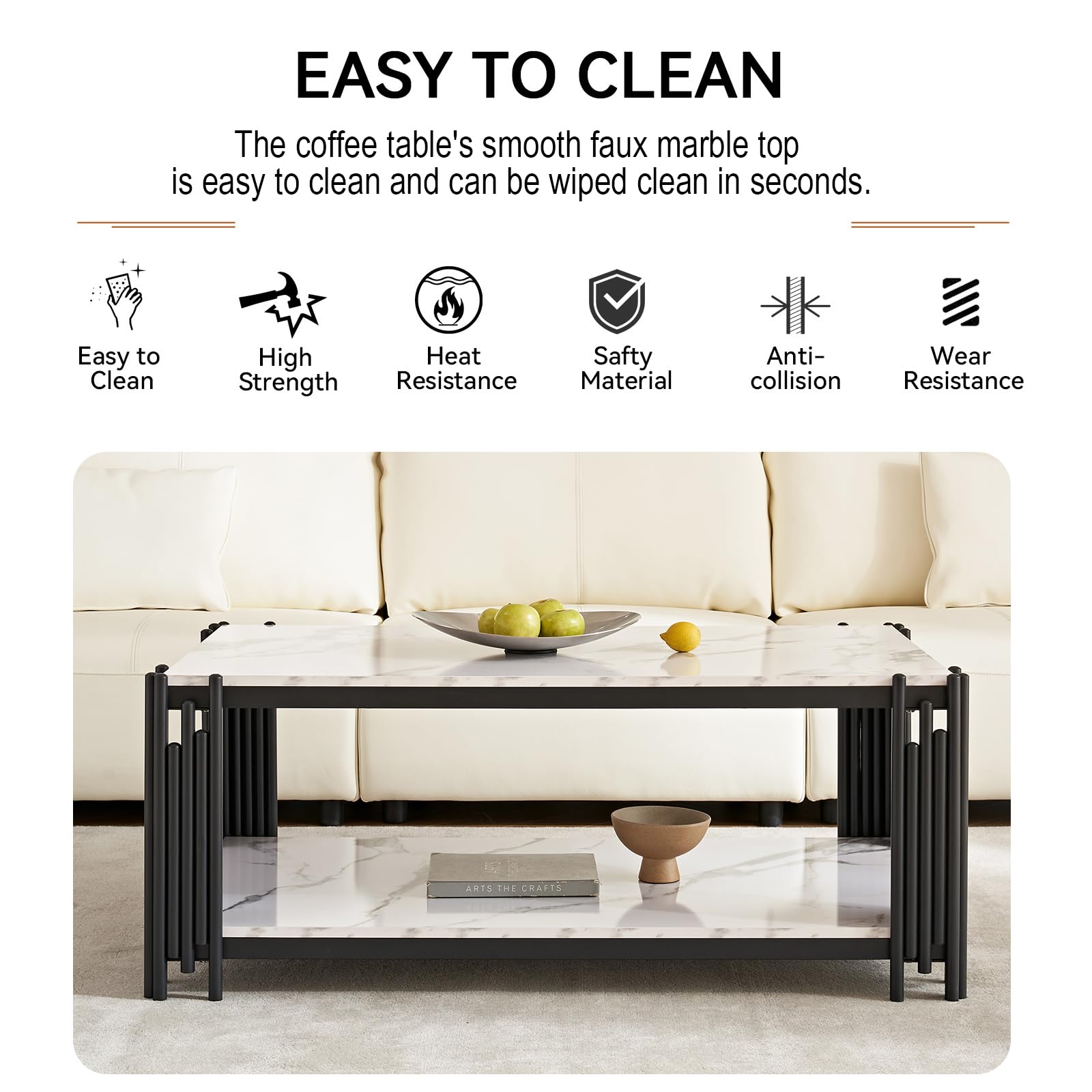 3-Piece White Faux Marble Coffee Table Set with Black Metal Frame - Modern Living Room Table Set Includes Coffee Table & 2 End Tables - Perfect for Living Room, Office, Apartment & Small Spaces