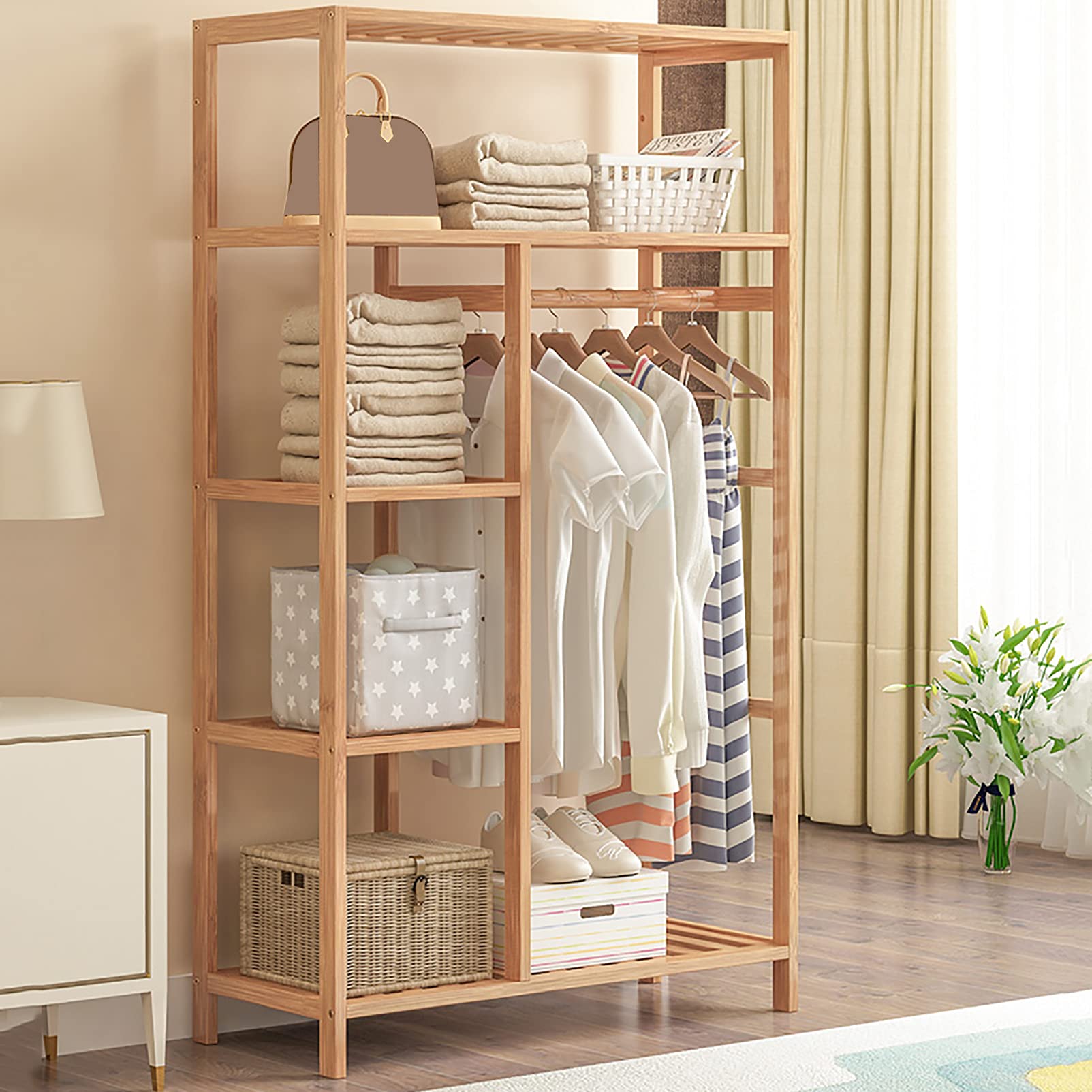 5-Tier Bamboo Wood Clothing Rack with Shelves - Heavy Duty Garment Organizer for Minimalist Wardrobe | Perfect for Bedroom, Closet & Laundry Room Storage