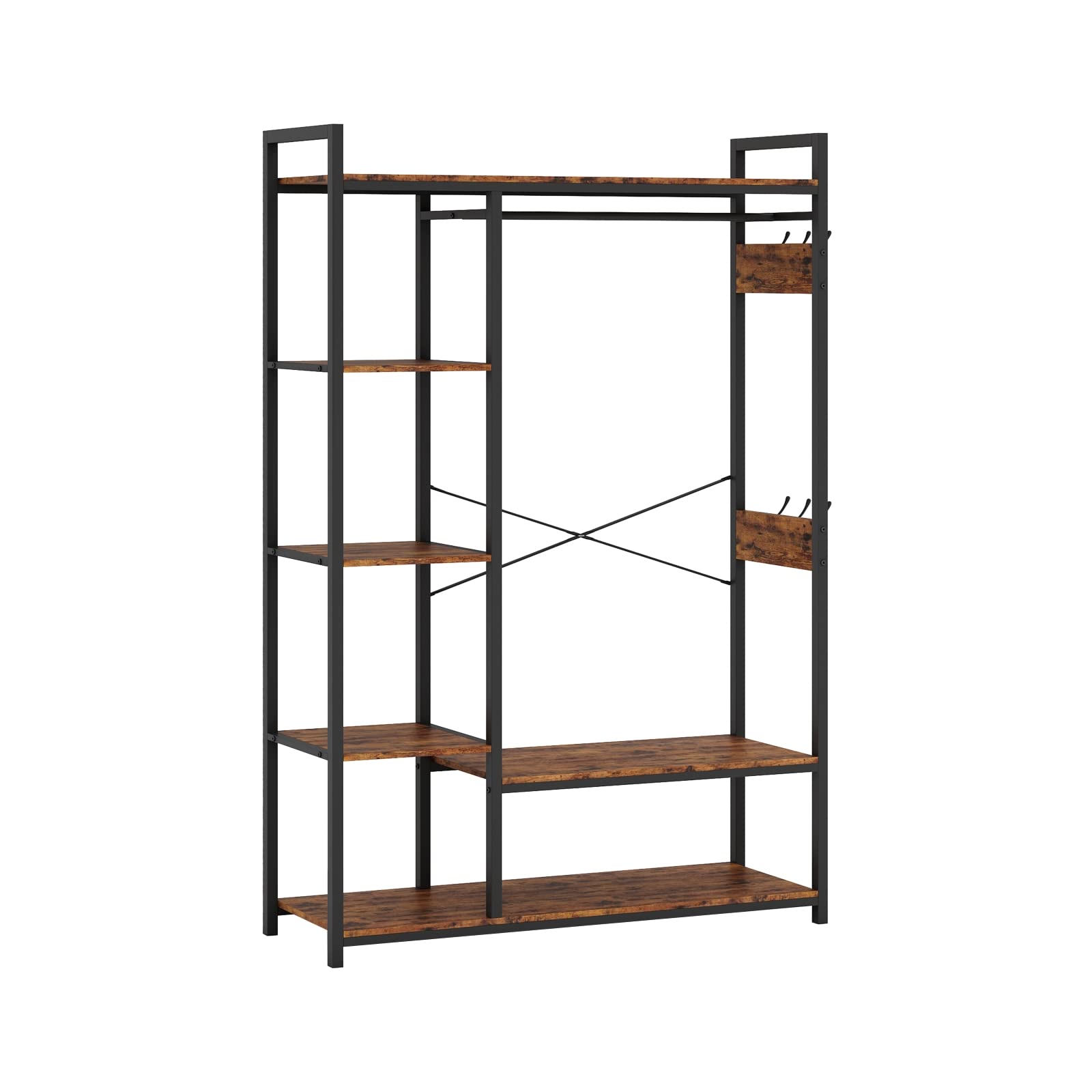 Free-Standing Closet Organizer with Storage Box & Side Hook - Portable Garment Rack with 6 Shelves & Hanging Rod - Black Metal Frame & Rustic Board Finish - Perfect for Bedroom, Closet, Dorm & Small Space Organization (Rustic Brown)